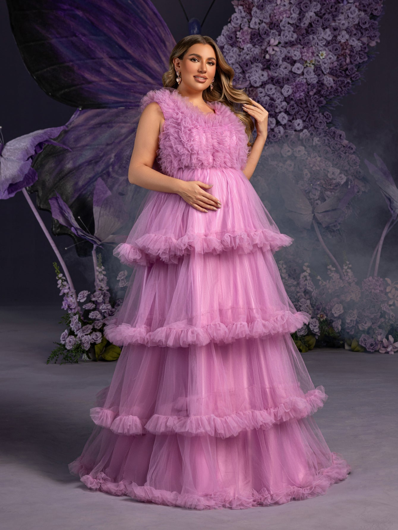 Plus Maternity  V Neck Sleeveless Ruffle Trim Layered Hem Photography Dress