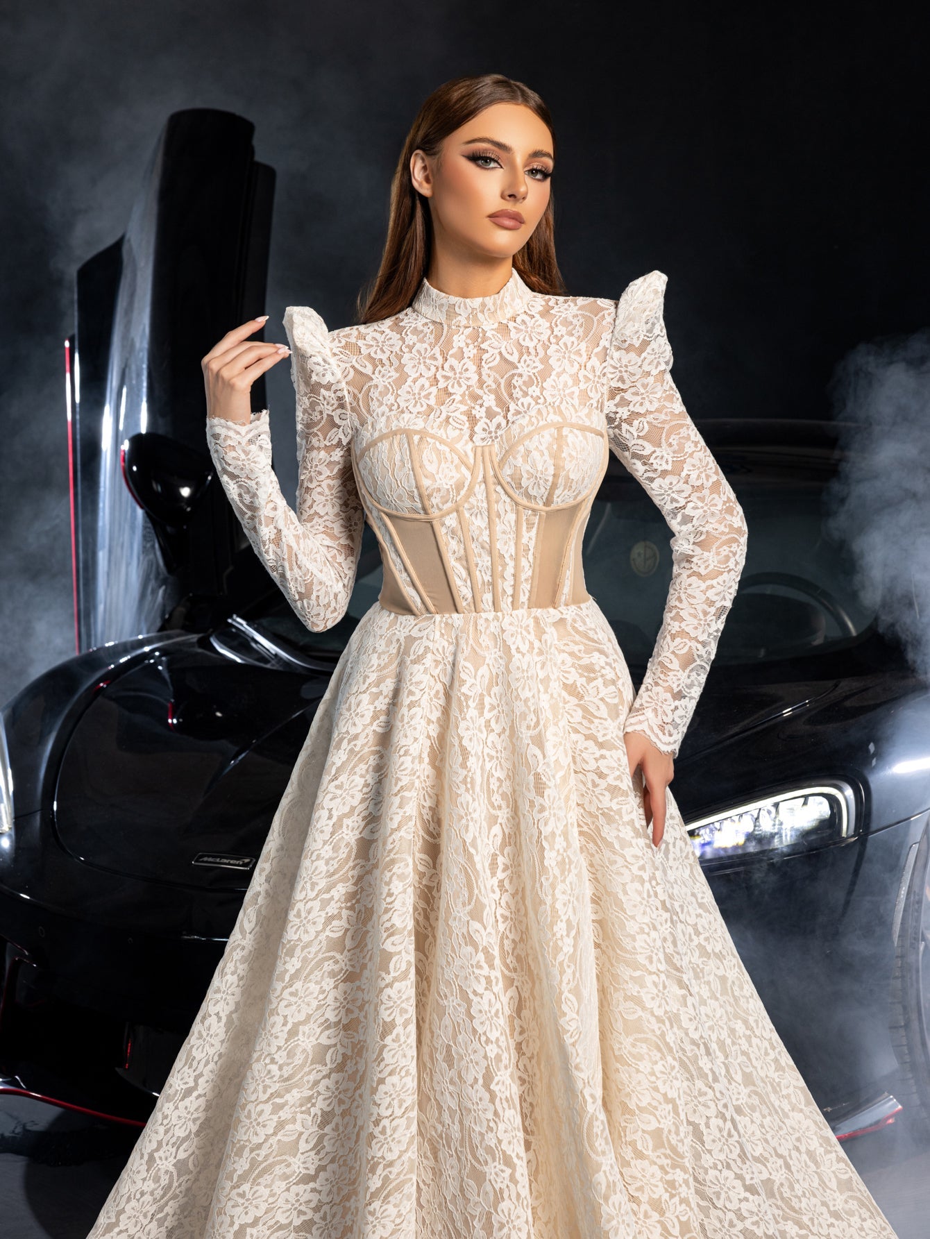 Gorgeous Mock Neck Long Sleeves Ball Hem Lace Wedding Dress White / XS Gorgeous Mock Neck Long Sleeves Ball Hem Lace Wedding Dress White / XS
