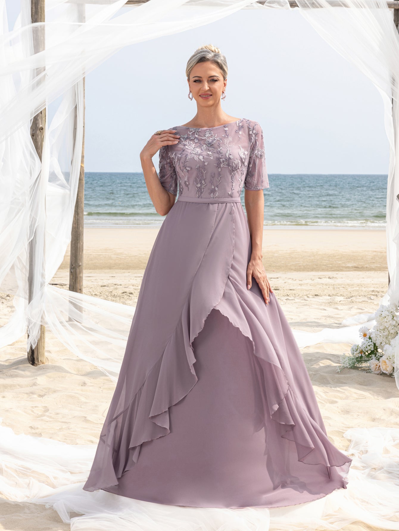 Womens' Chiffon Floor-Length Evening Gown with Short Sleeves & Floral Lace – Elegant Mother of the Bride Dress with Layered Ruffle for Coastal Events, Evening Banquets & Family Gatherings