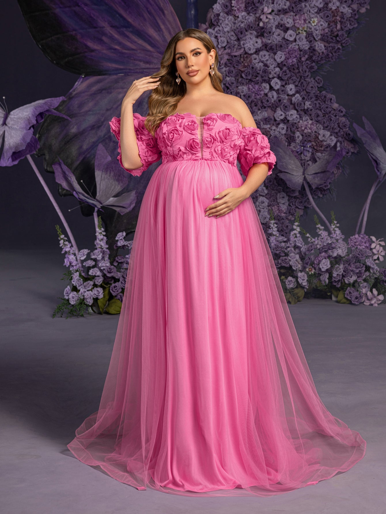 Plus Matenity Off-Shoulder Gown with 3D Rose Embellishments & Ruffled Tulle Skirt – Elegant 1XL-5XL Pregnancy Dresses for Special Occasions