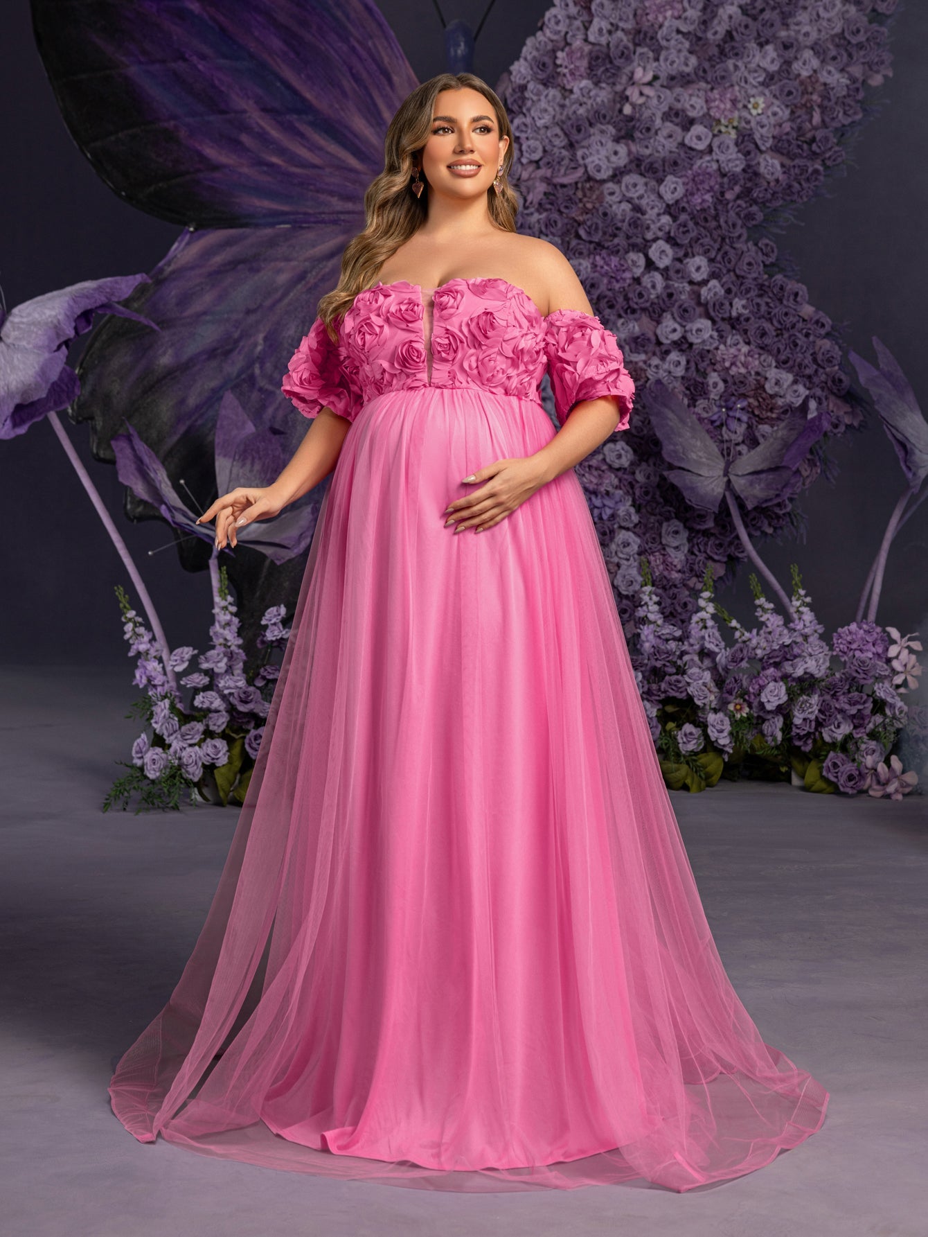 Plus Matenity Off-Shoulder Gown with 3D Rose Embellishments & Ruffled Tulle Skirt – Elegant 1XL-5XL Pregnancy Dresses for Special Occasions