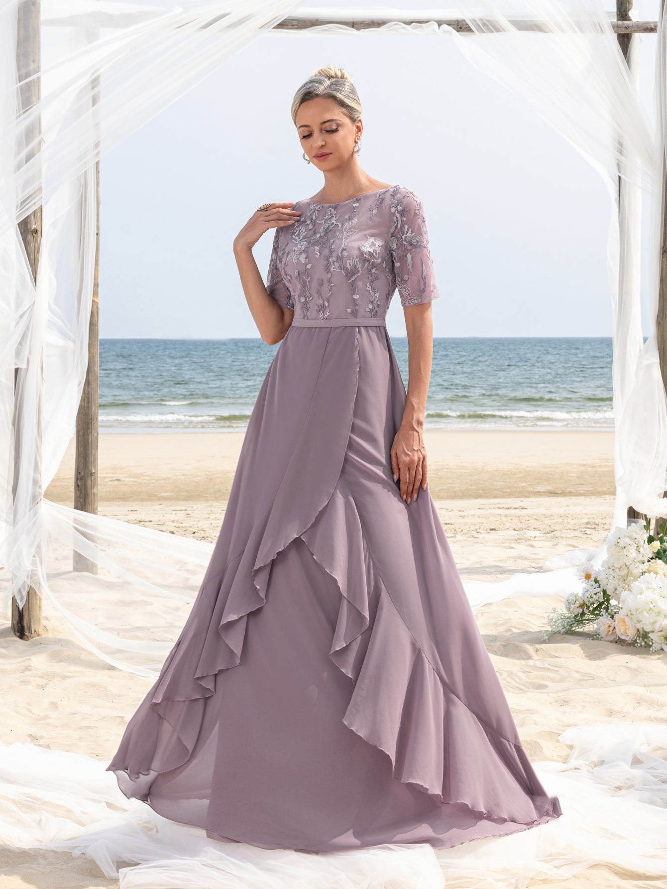 Womens' Chiffon Floor-Length Evening Gown with Short Sleeves & Floral Lace – Elegant Mother of the Bride Dress with Layered Ruffle for Coastal Events, Evening Banquets & Family Gatherings