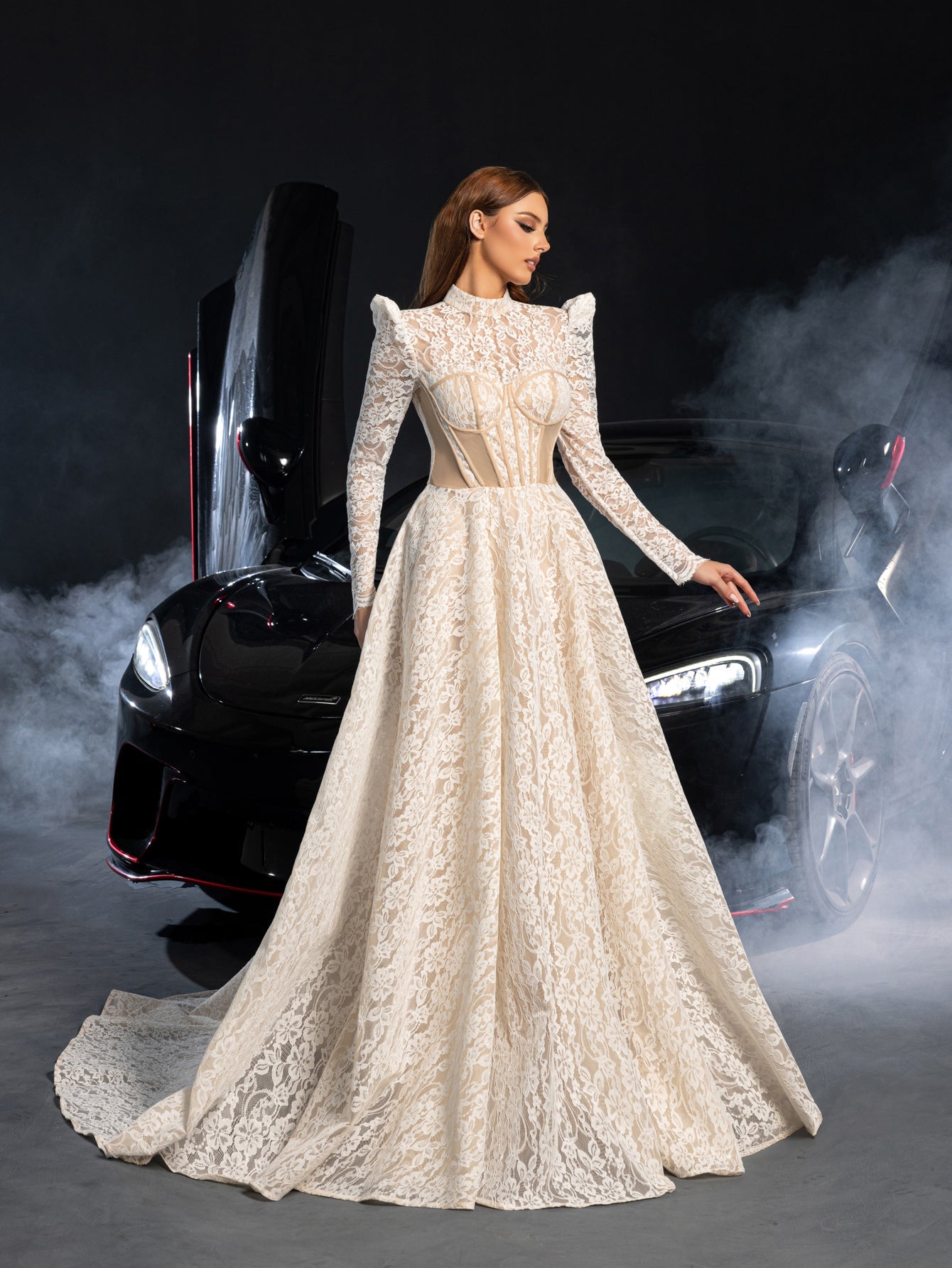 Gorgeous Mock Neck Long Sleeves Ball Hem Lace Wedding Dress White / XS Gorgeous Mock Neck Long Sleeves Ball Hem Lace Wedding Dress White / XS