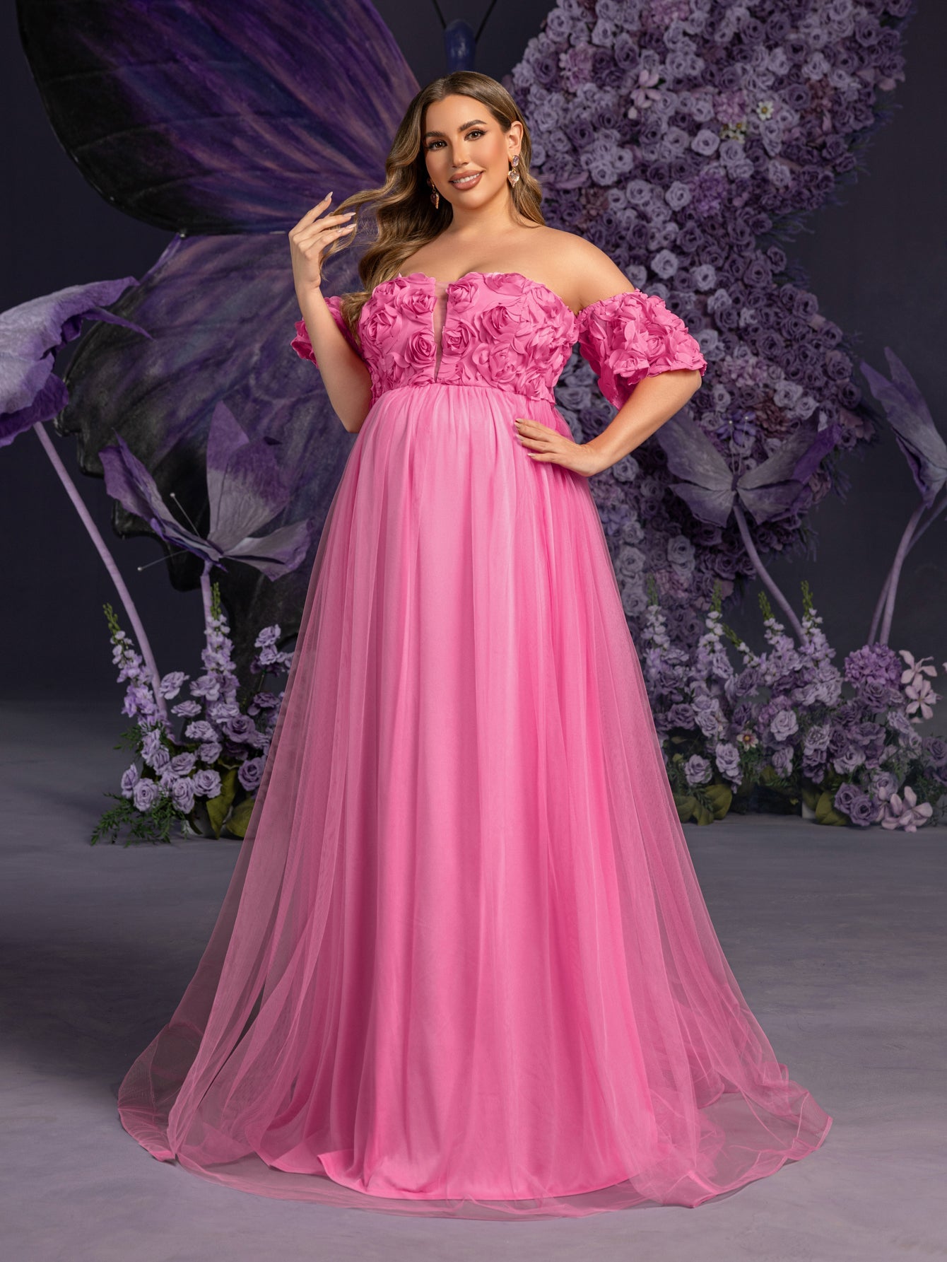 Plus Matenity Off-Shoulder Gown with 3D Rose Embellishments & Ruffled Tulle Skirt – Elegant 1XL-5XL Pregnancy Dresses for Special Occasions