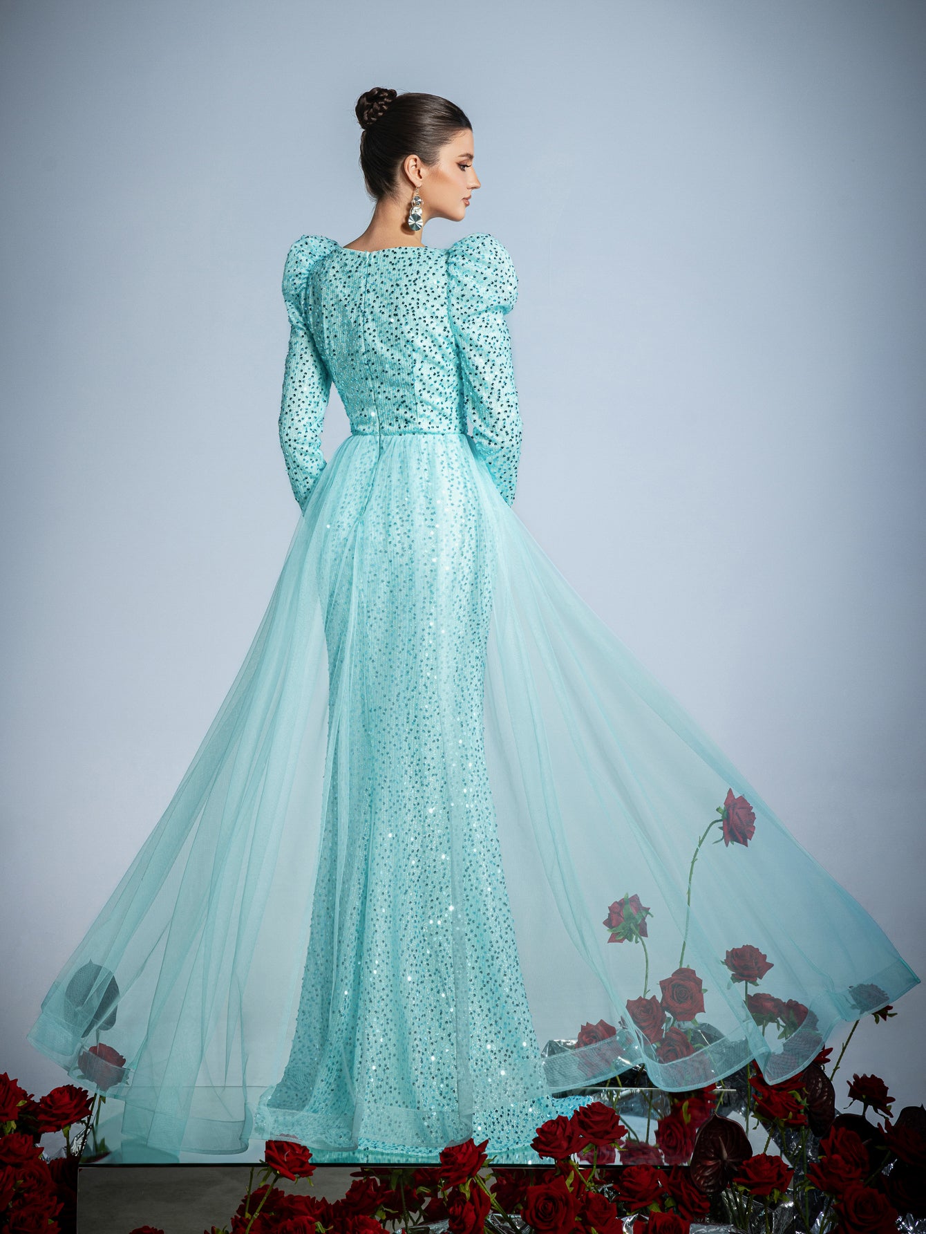 turquoise evening dress with sleeves Gigot Sleeves Split Mermaid Hem Sequin Formal Dress Dark Green / XS