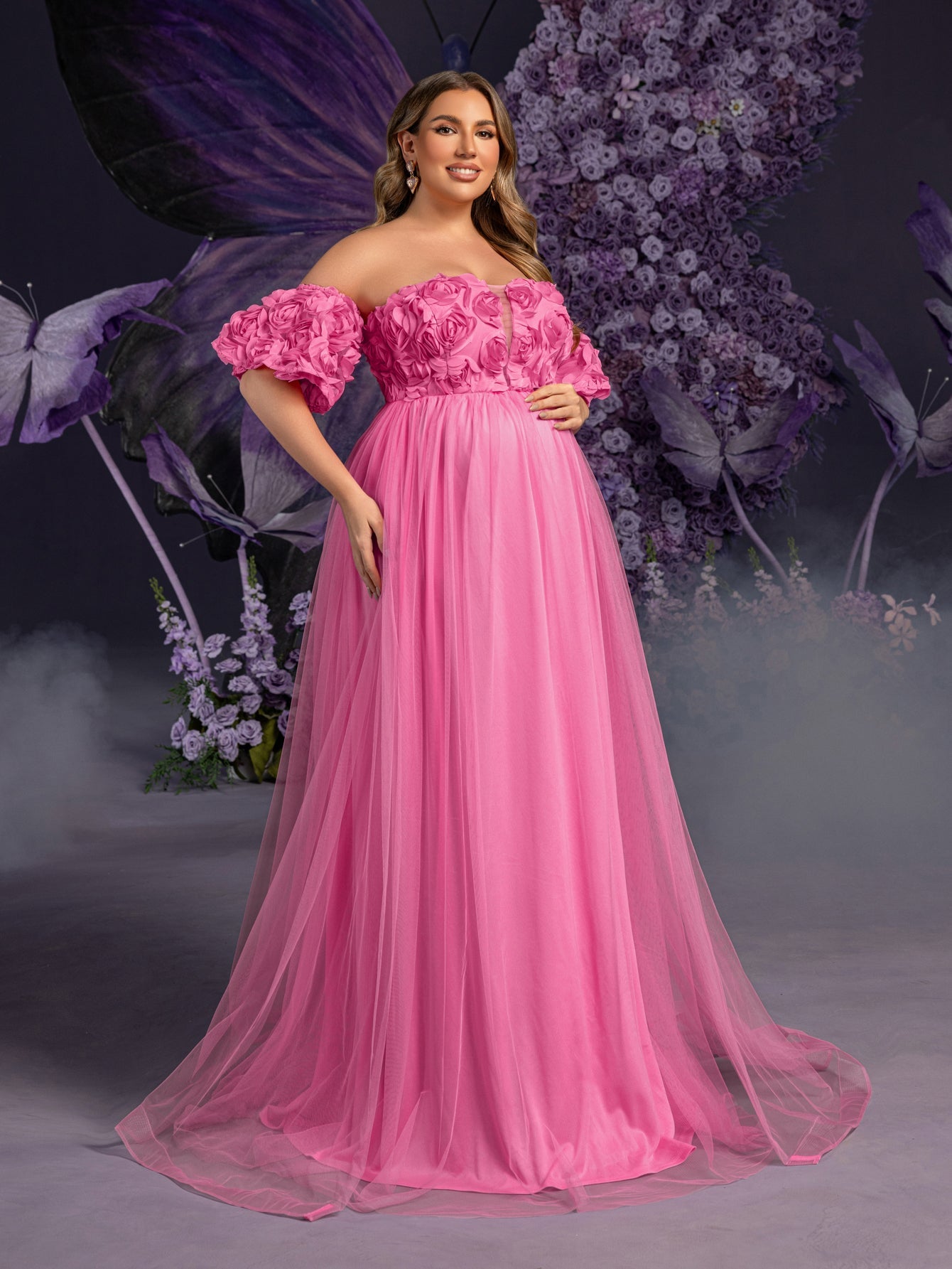 Plus Matenity Off-Shoulder Gown with 3D Rose Embellishments & Ruffled Tulle Skirt – Elegant 1XL-5XL Pregnancy Dresses for Special Occasions