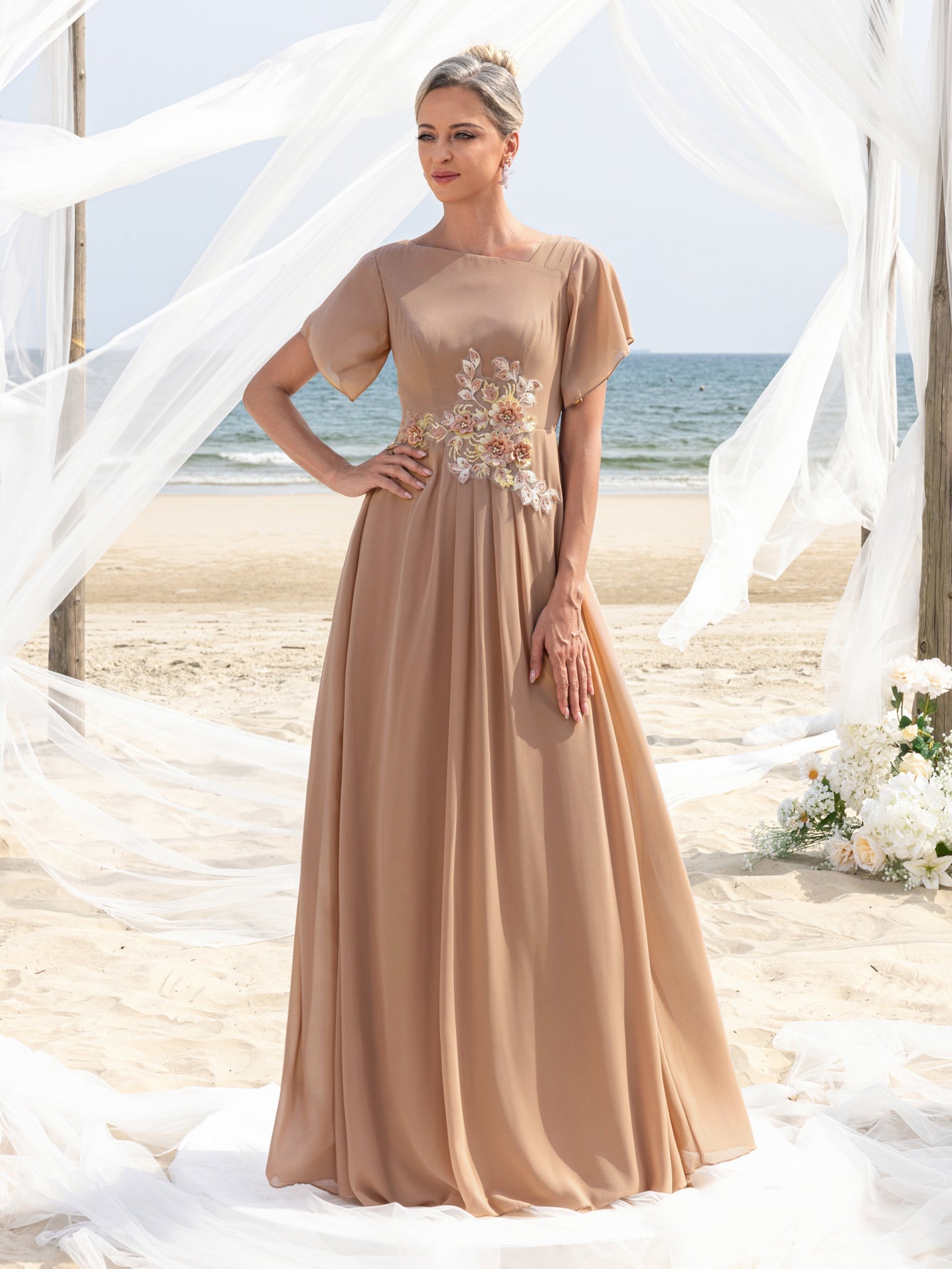 Womens' Chiffon Evening Gown with Floral Appliqu Detailing Elegant Khaki / S Womens' Chiffon Evening Gown with Floral Appliqu Detailing Elegant Khaki / S