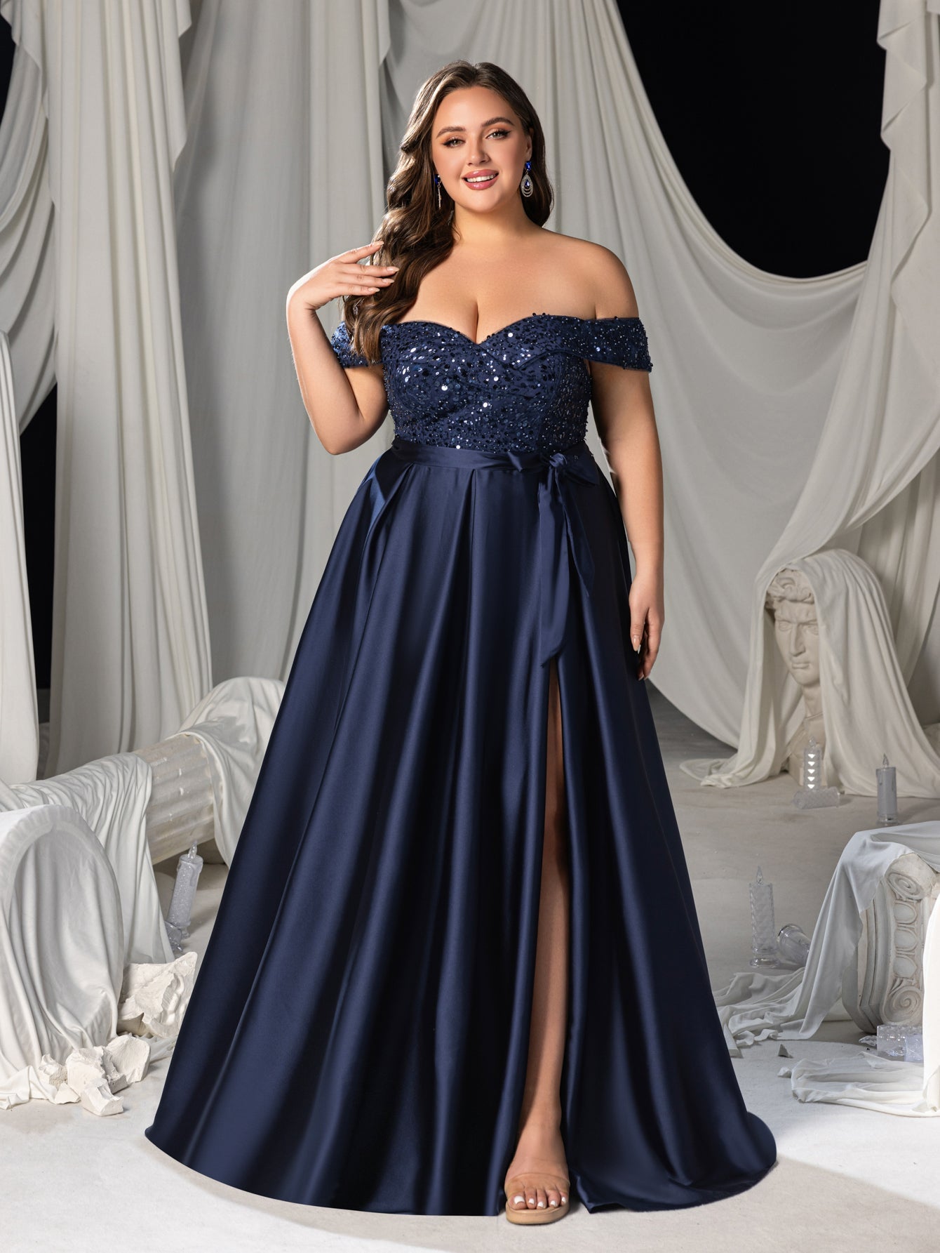 Plus Elegant Off-Shoulder Evening Gown with Sequin Embellishments – High Slit Satin Skirt & Back Zipper for Luxury Weddings or Evening Glam