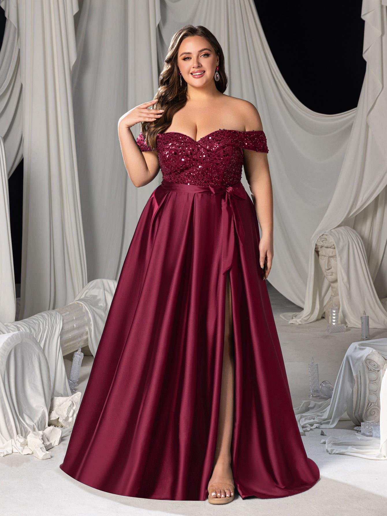 Plus Elegant Off-Shoulder Evening Gown with Sequin Embellishments – High Slit Satin Skirt & Back Zipper for Luxury Weddings or Evening Glam