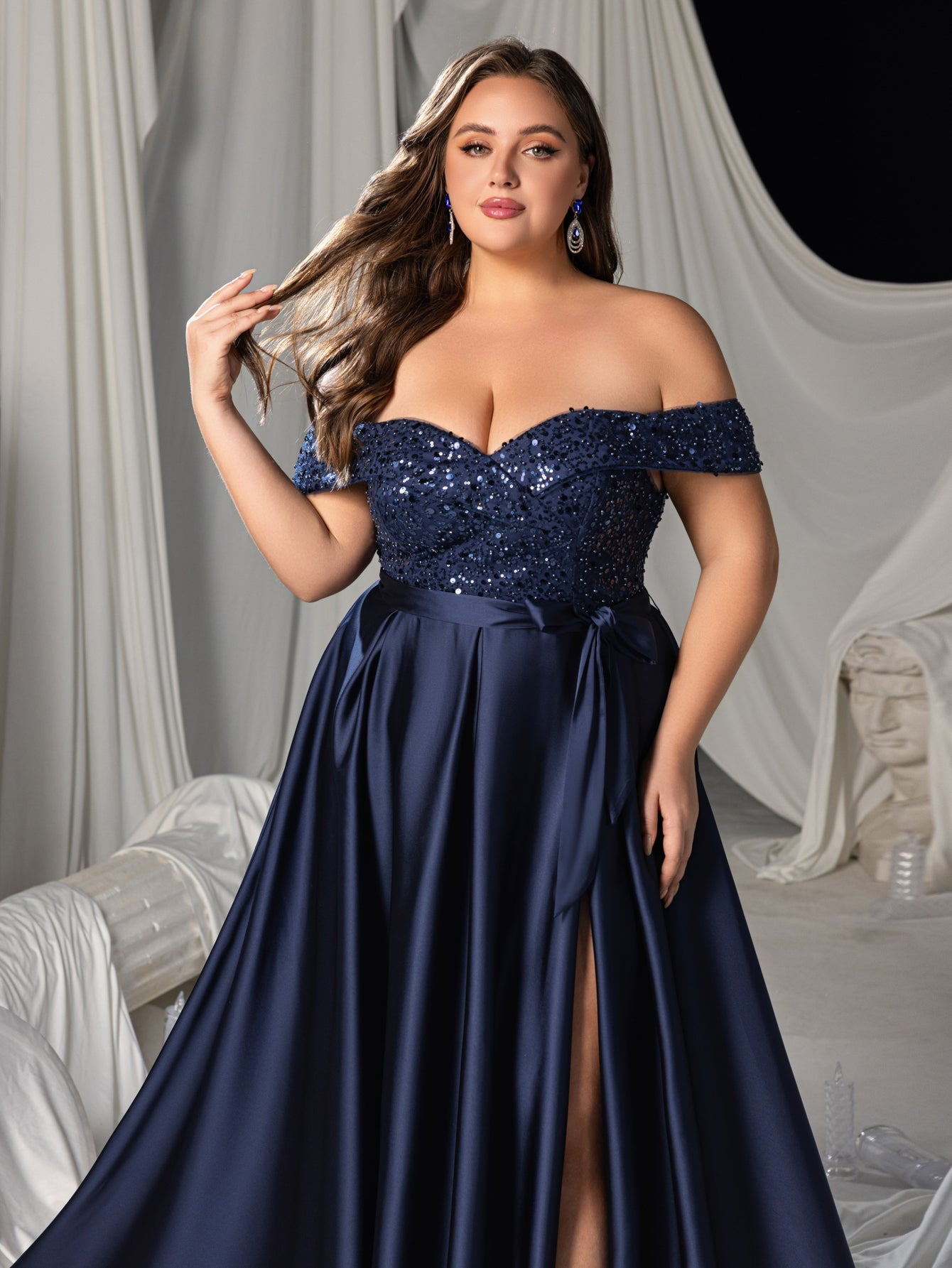 Plus Elegant Off-Shoulder Evening Gown with Sequin Embellishments – High Slit Satin Skirt & Back Zipper for Luxury Weddings or Evening Glam