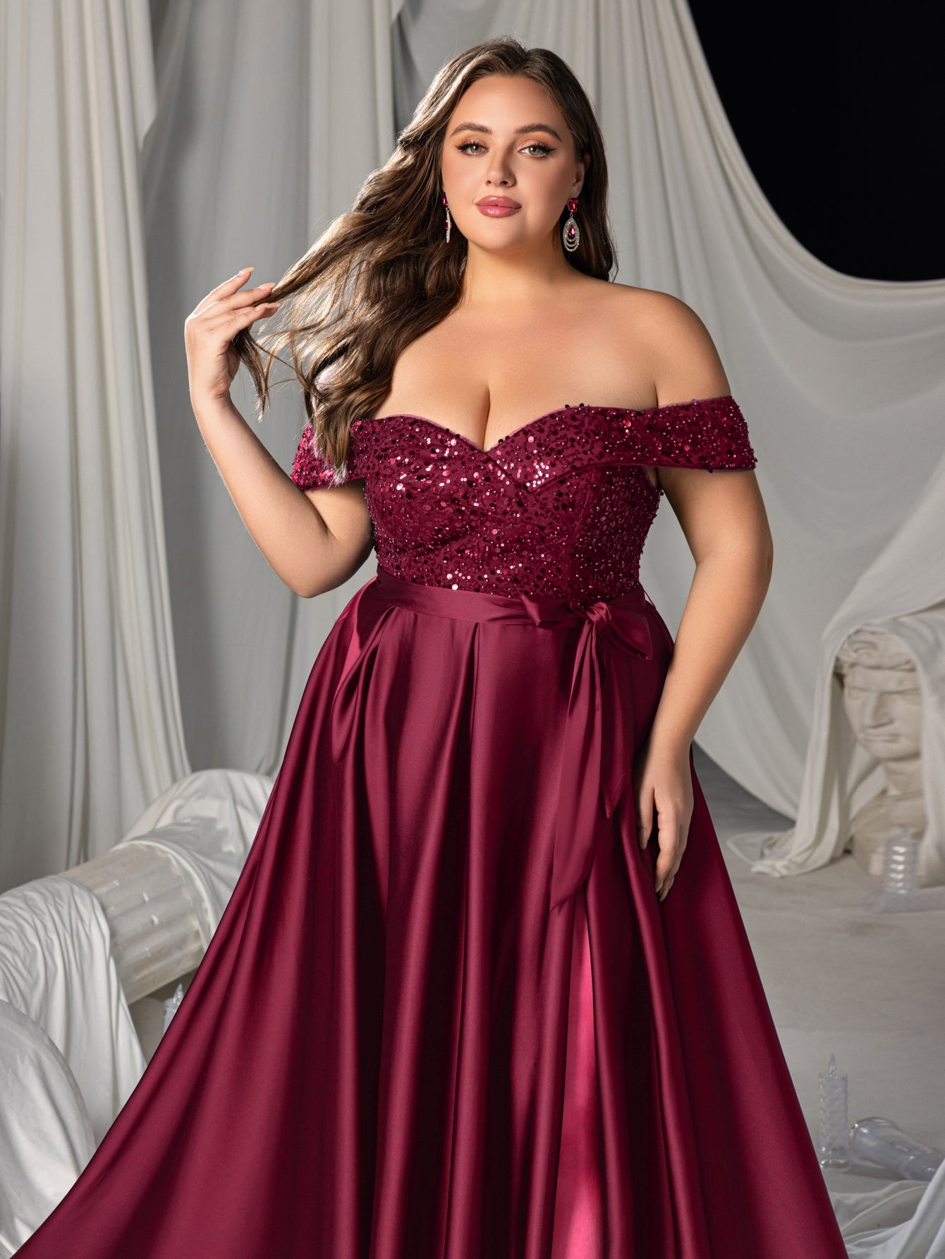 Plus Elegant Off-Shoulder Evening Gown with Sequin Embellishments – High Slit Satin Skirt & Back Zipper for Luxury Weddings or Evening Glam