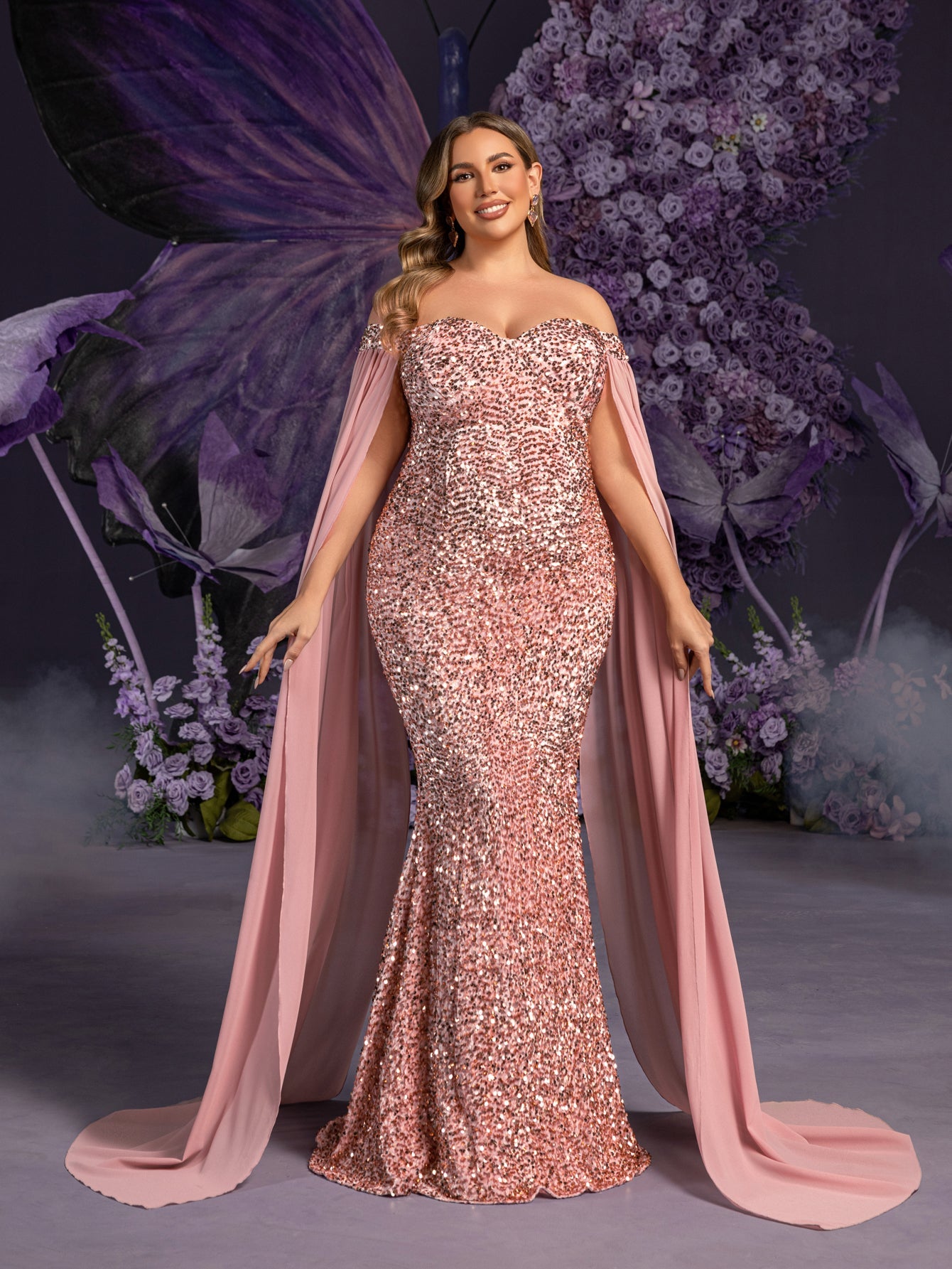 Plus Maternity  Off Shoulder Cape Sleeves Mermaid Hem Sequin Formal Dress