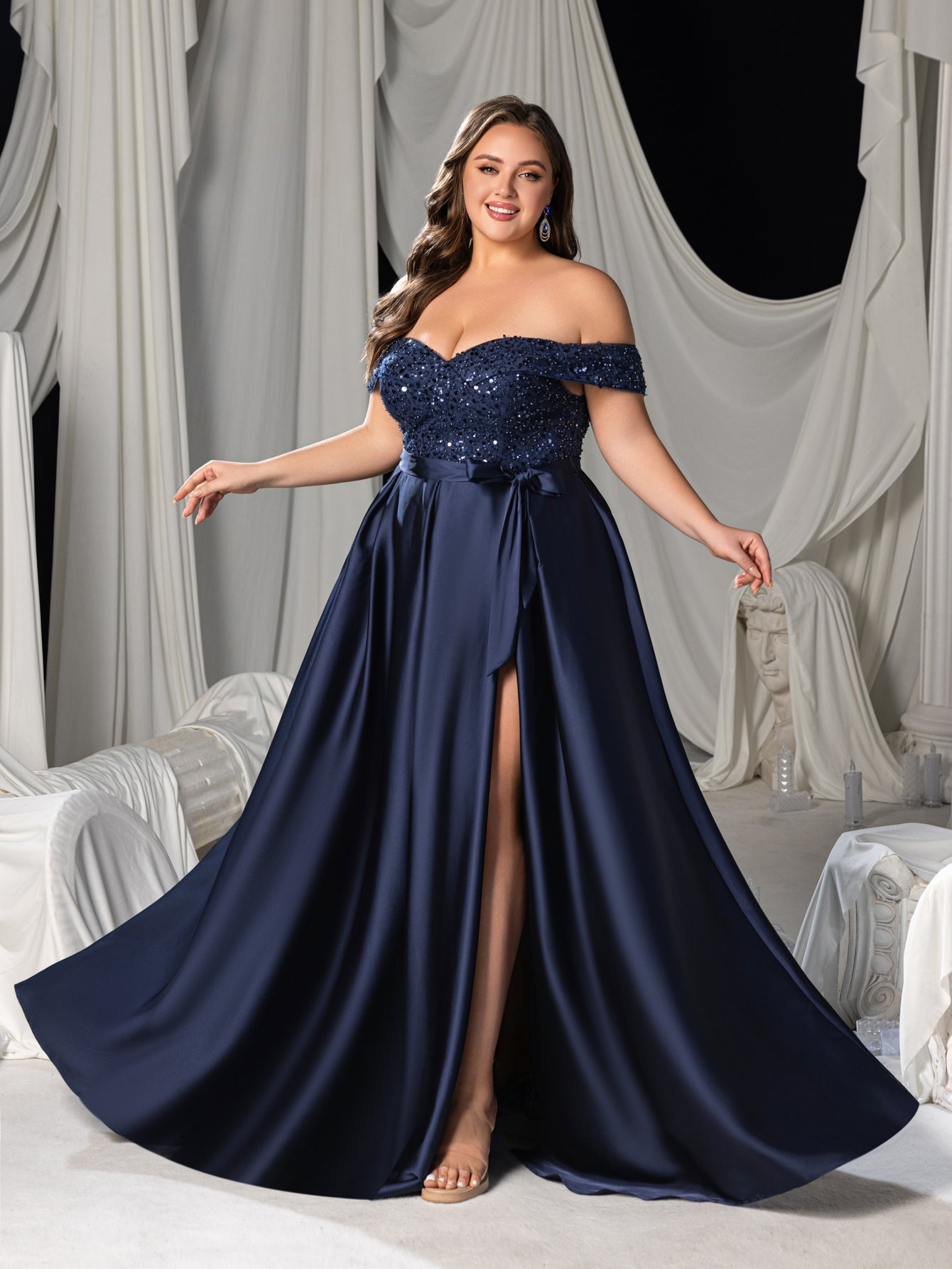 Plus Elegant Off-Shoulder Evening Gown with Sequin Embellishments – High Slit Satin Skirt & Back Zipper for Luxury Weddings or Evening Glam