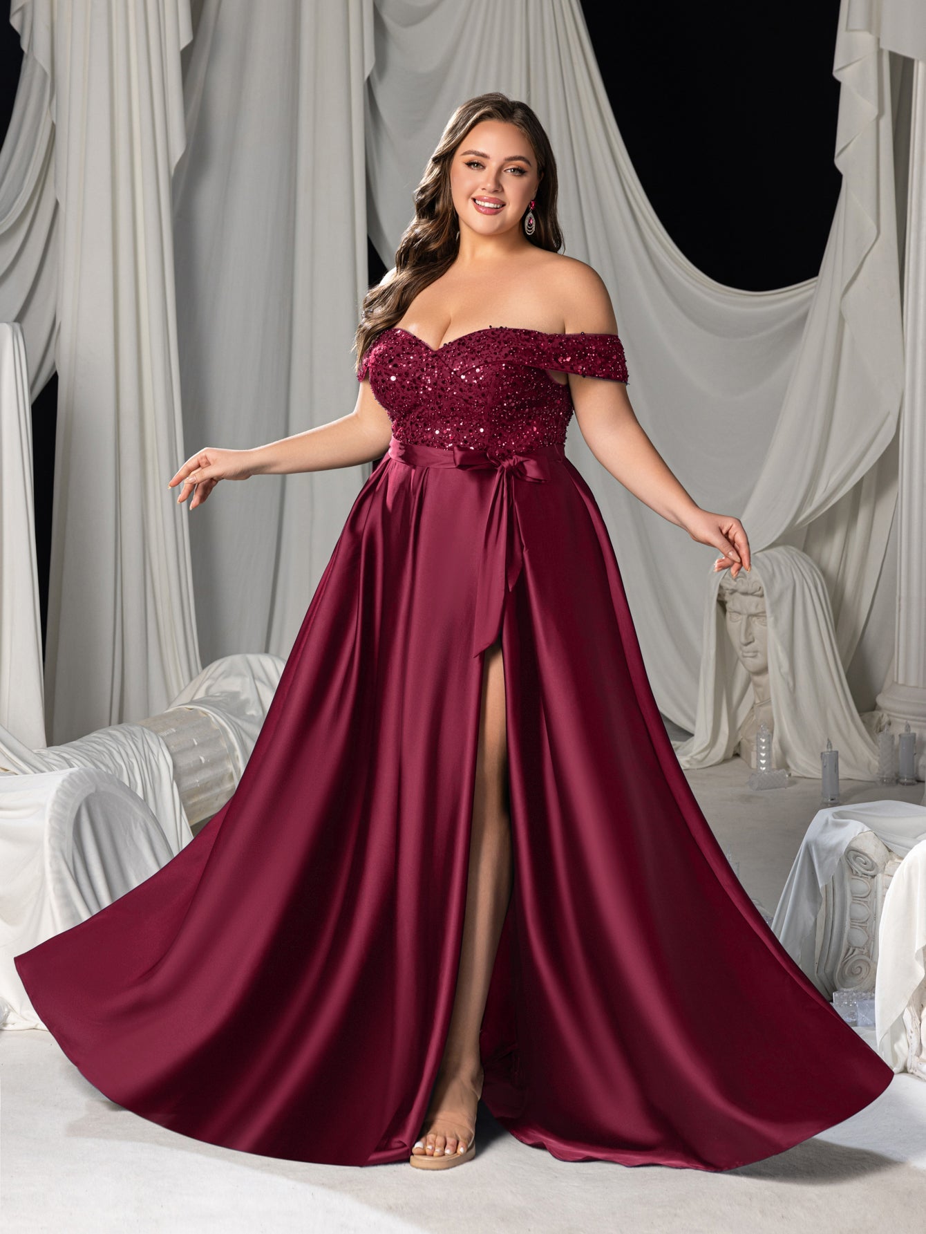 Plus Elegant Off-Shoulder Evening Gown with Sequin Embellishments – High Slit Satin Skirt & Back Zipper for Luxury Weddings or Evening Glam