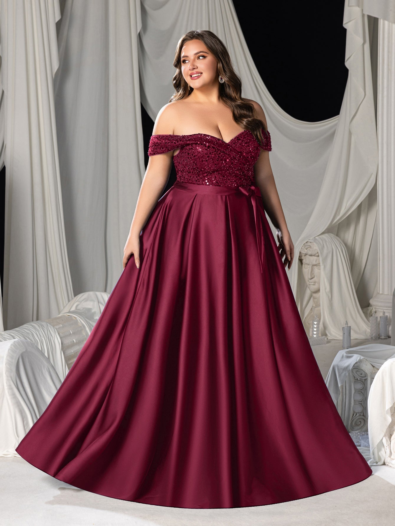Plus Elegant Off-Shoulder Evening Gown with Sequin Embellishments – High Slit Satin Skirt & Back Zipper for Luxury Weddings or Evening Glam