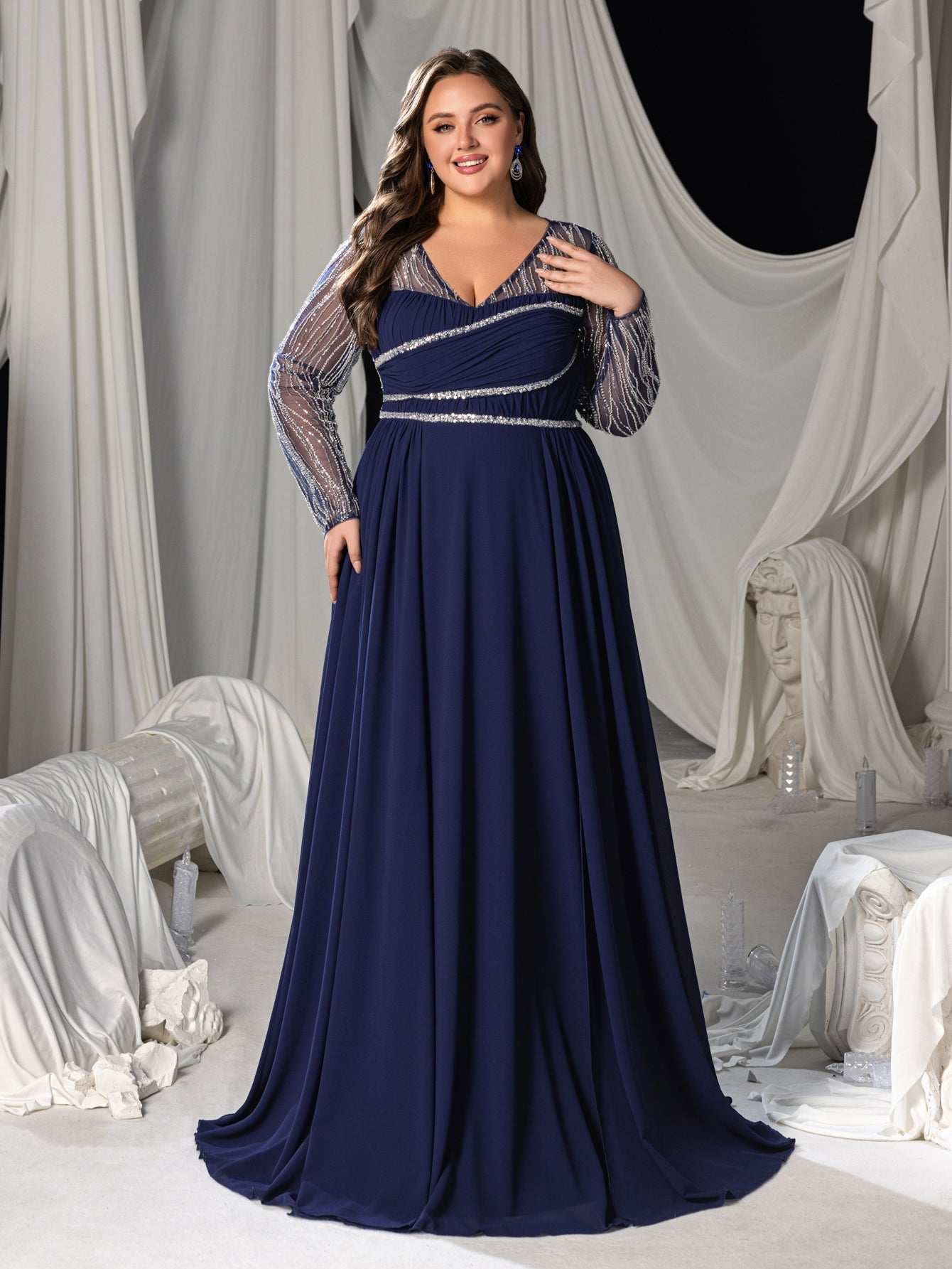 Plus Chiffon V-Neck Evening Gown with Silver Sequined Translucent Sleeves & Floor-Length Skirt