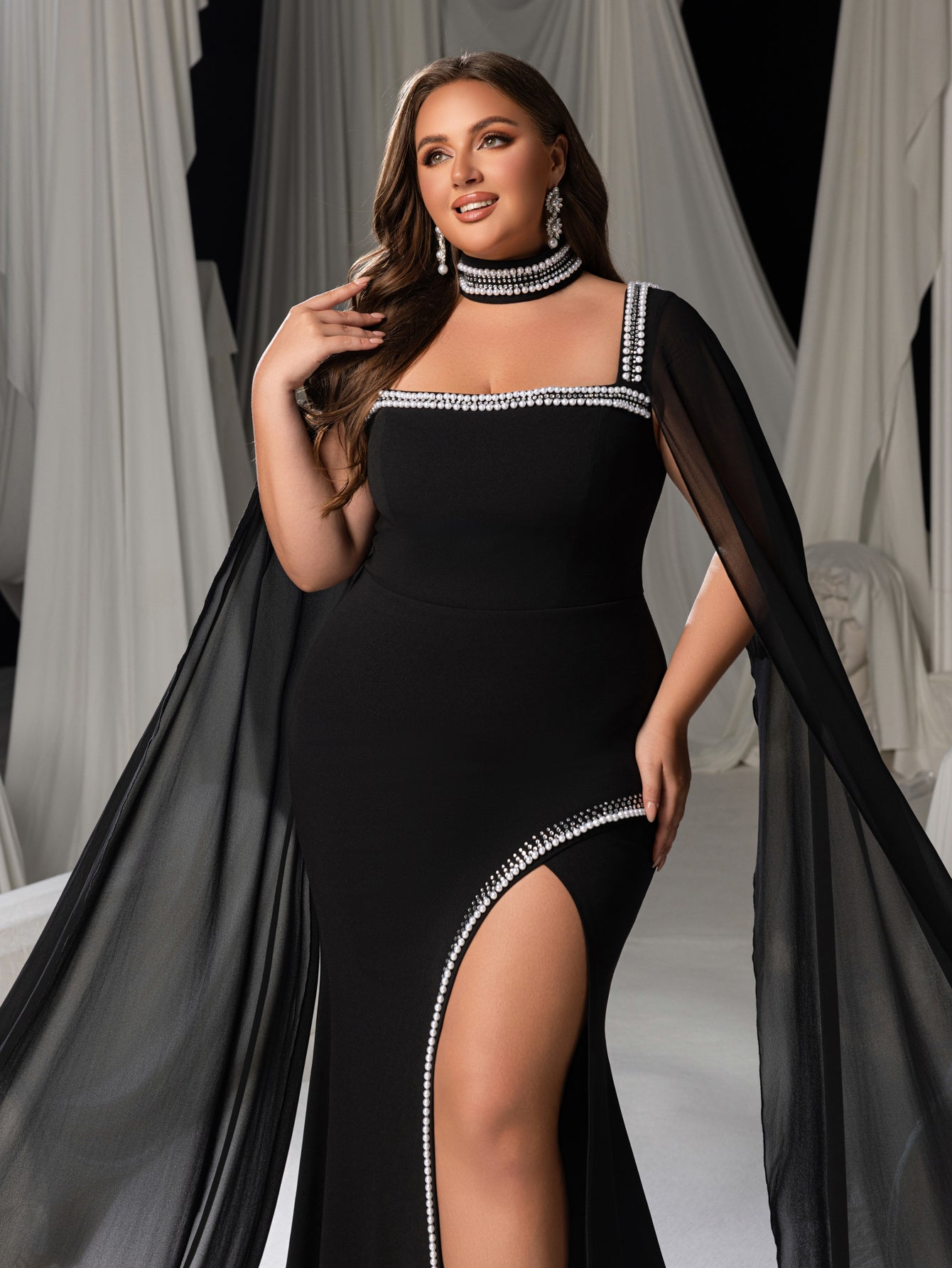 Plus Size Gorgeous Square Neck Cape Evening Gown - Mermaid Dress with Sheer Overlay