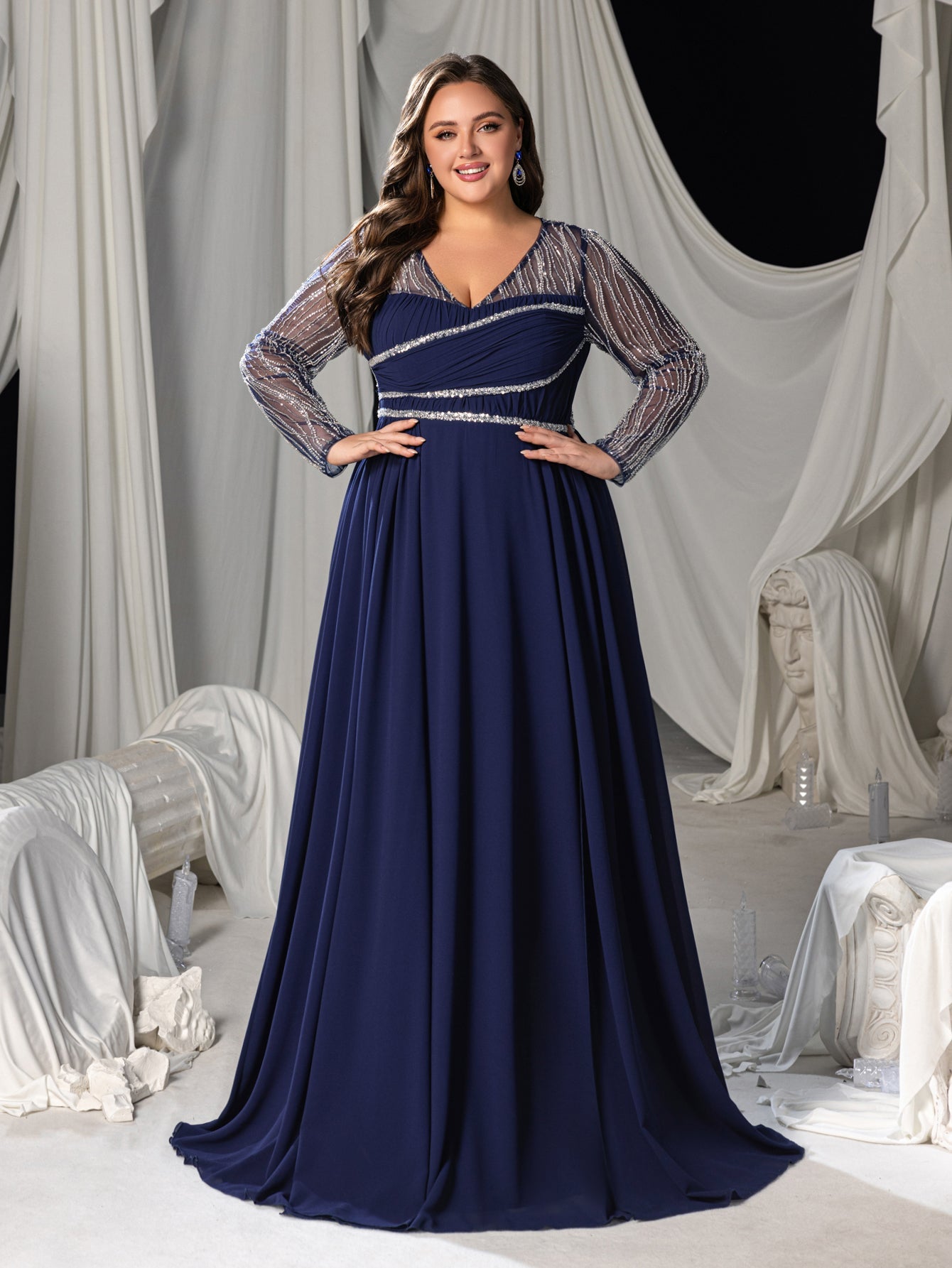 Plus Chiffon V-Neck Evening Gown with Silver Sequined Translucent Sleeves & Floor-Length Skirt