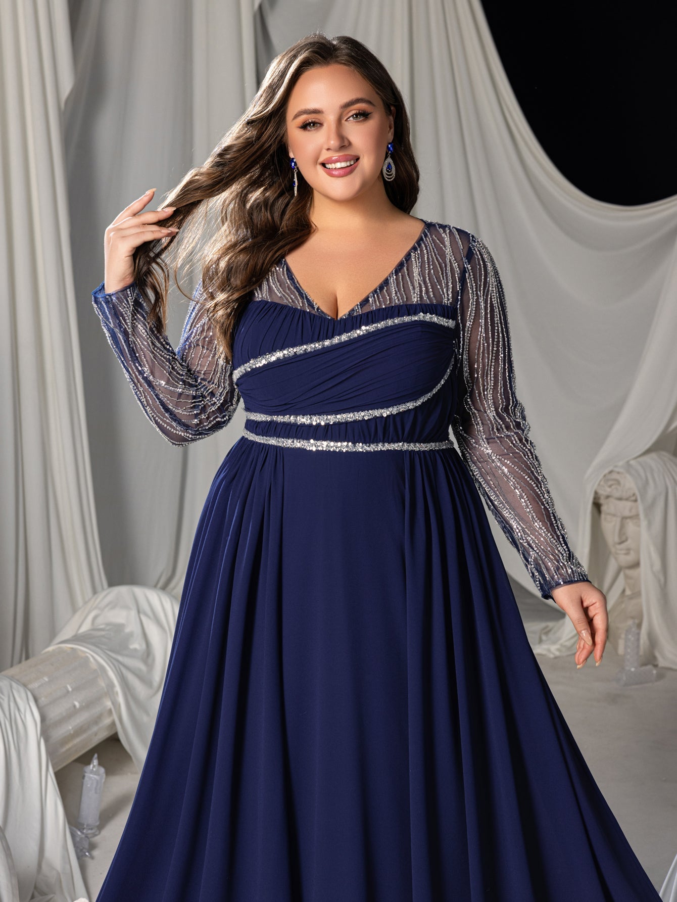 Plus Chiffon V-Neck Evening Gown with Silver Sequined Translucent Sleeves & Floor-Length Skirt