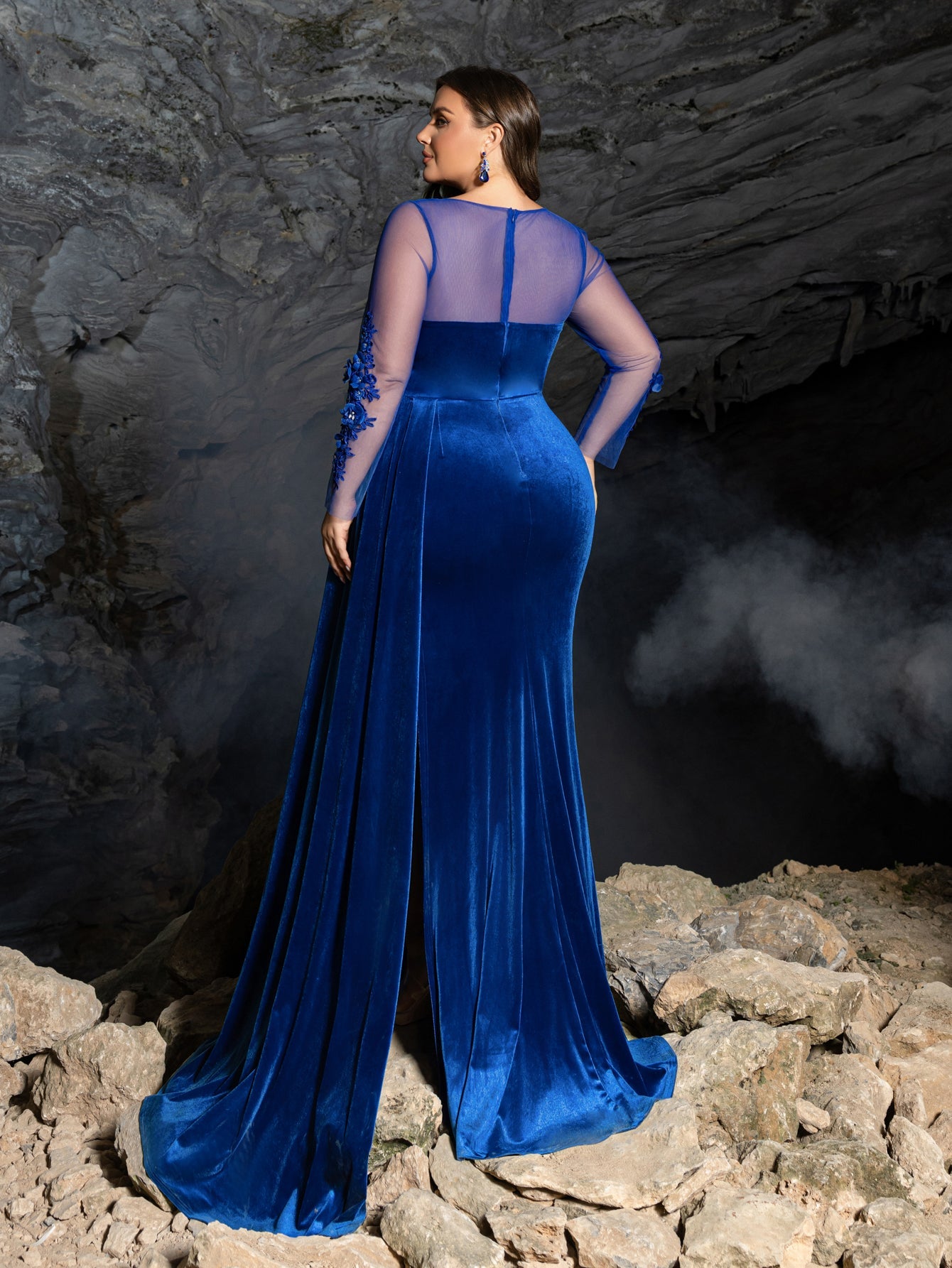 Illusion Sleeves with Low Back & High Slit