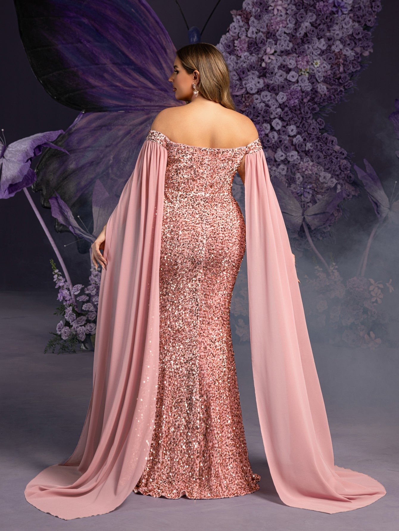 Plus Maternity  Off Shoulder Cape Sleeves Mermaid Hem Sequin Formal Dress