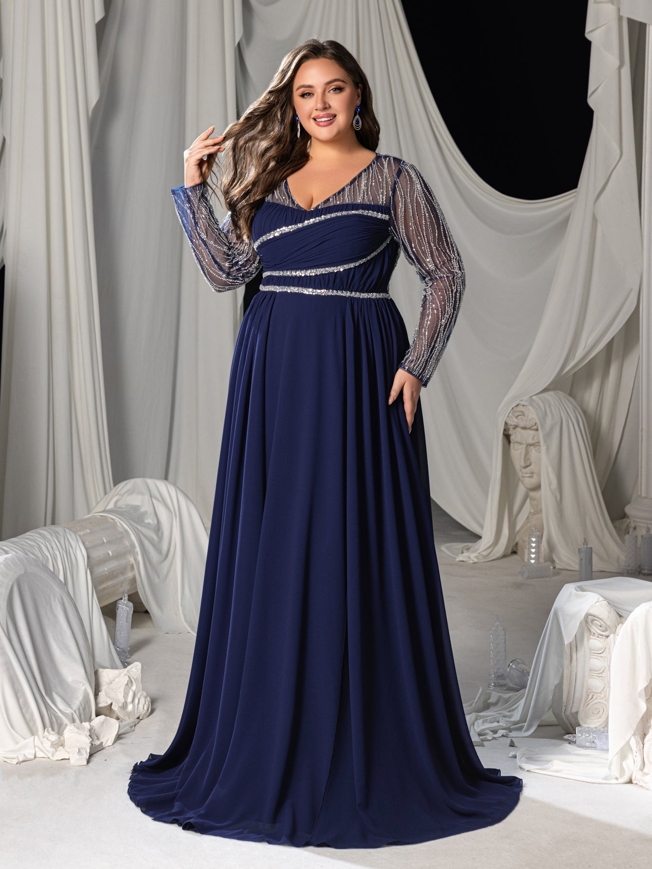 Plus Chiffon V-Neck Evening Gown with Silver Sequined Translucent Sleeves & Floor-Length Skirt