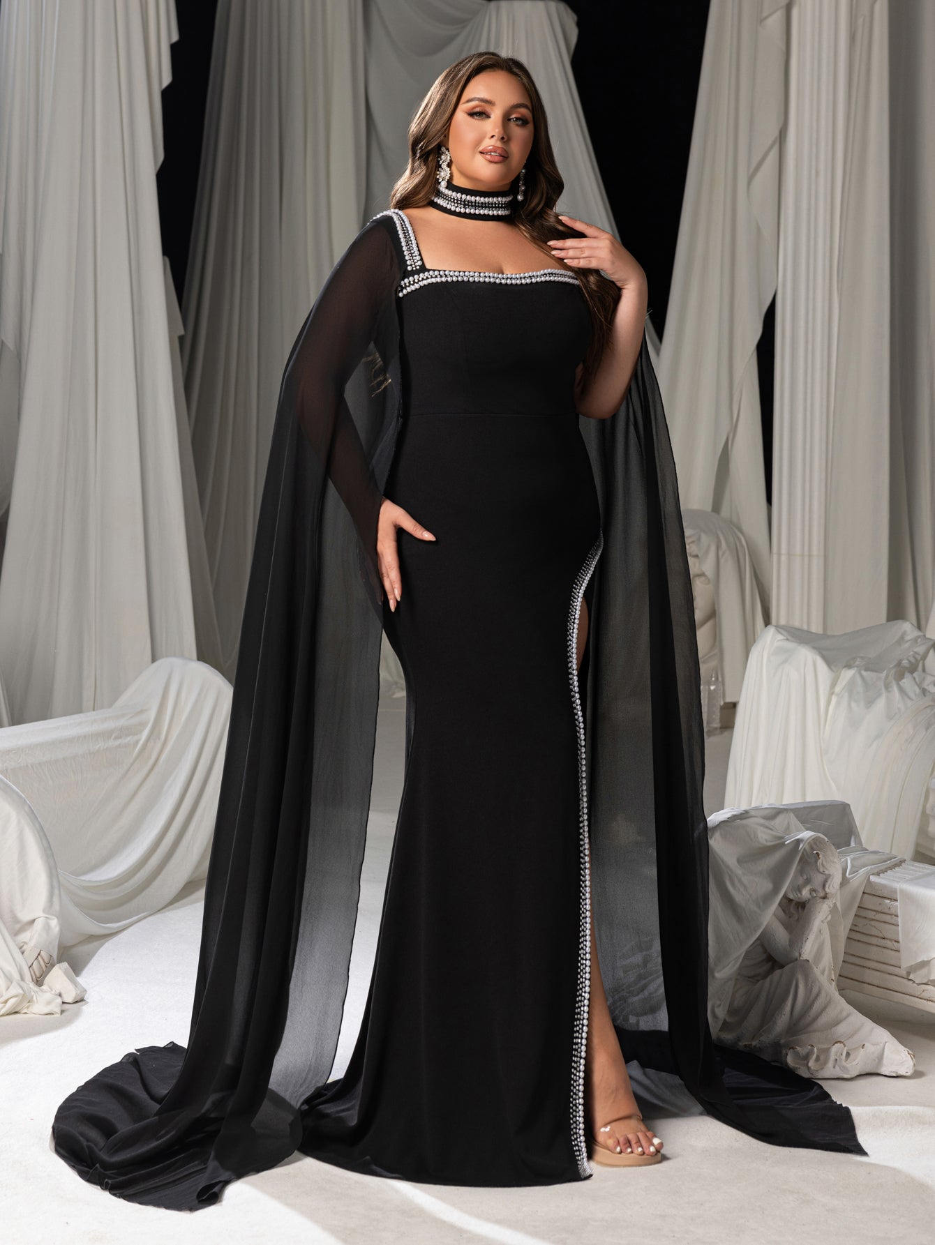Plus Size Gorgeous Square Neck Cape Evening Gown - Mermaid Dress with Sheer Overlay