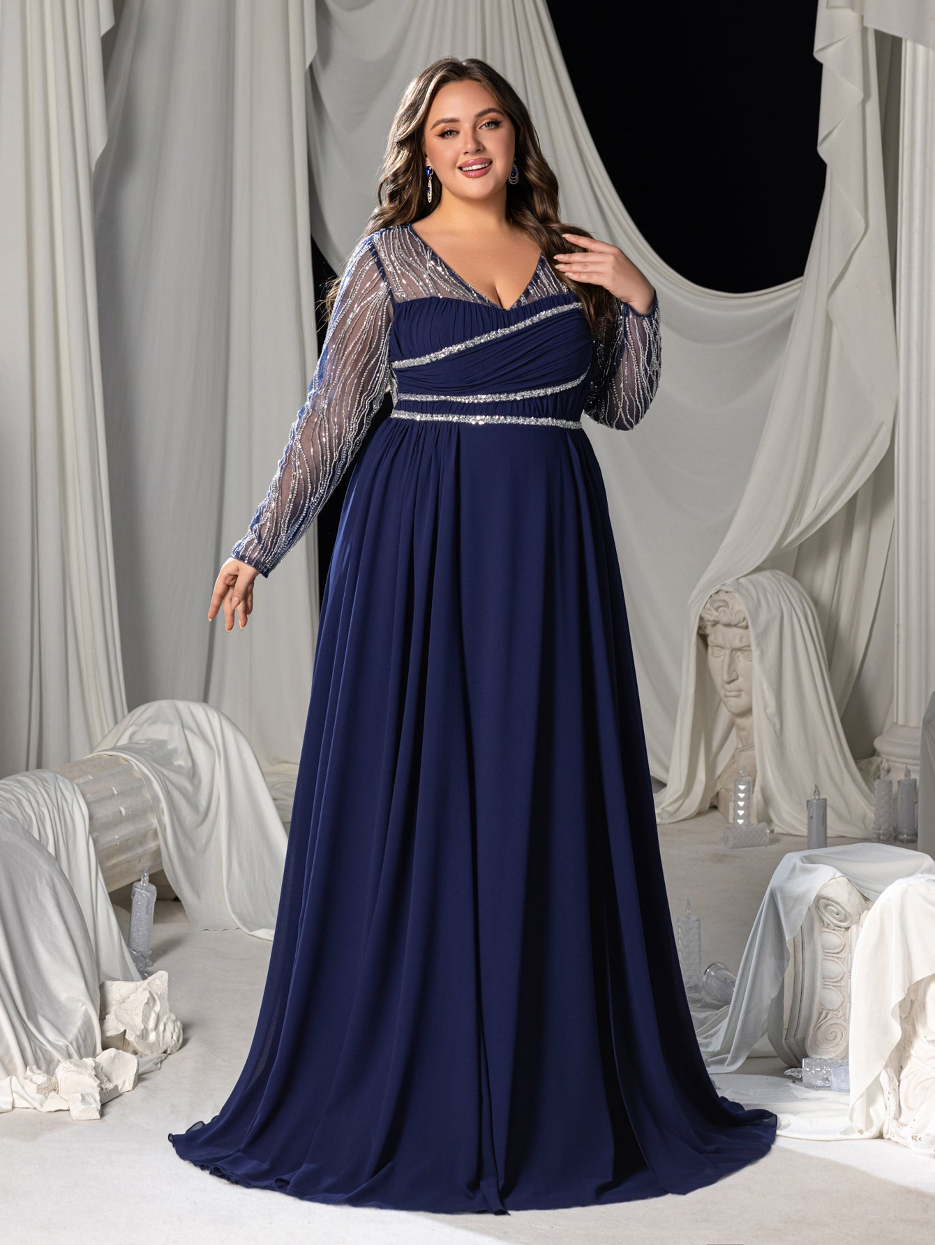 Plus Chiffon V-Neck Evening Gown with Silver Sequined Translucent Sleeves & Floor-Length Skirt
