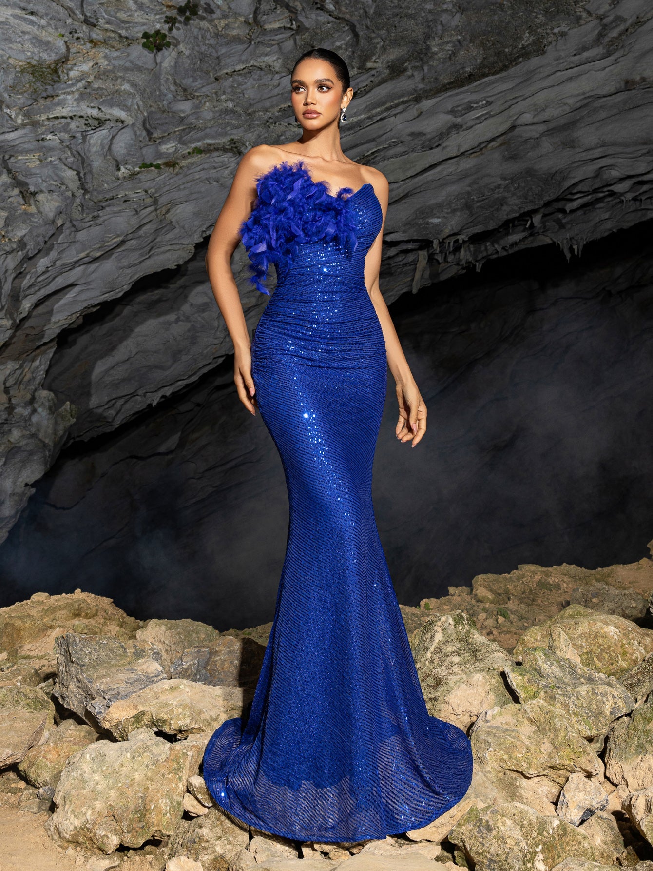 Elegant Feather Accent Strapless Mermaid Gown with Lace-Up Back