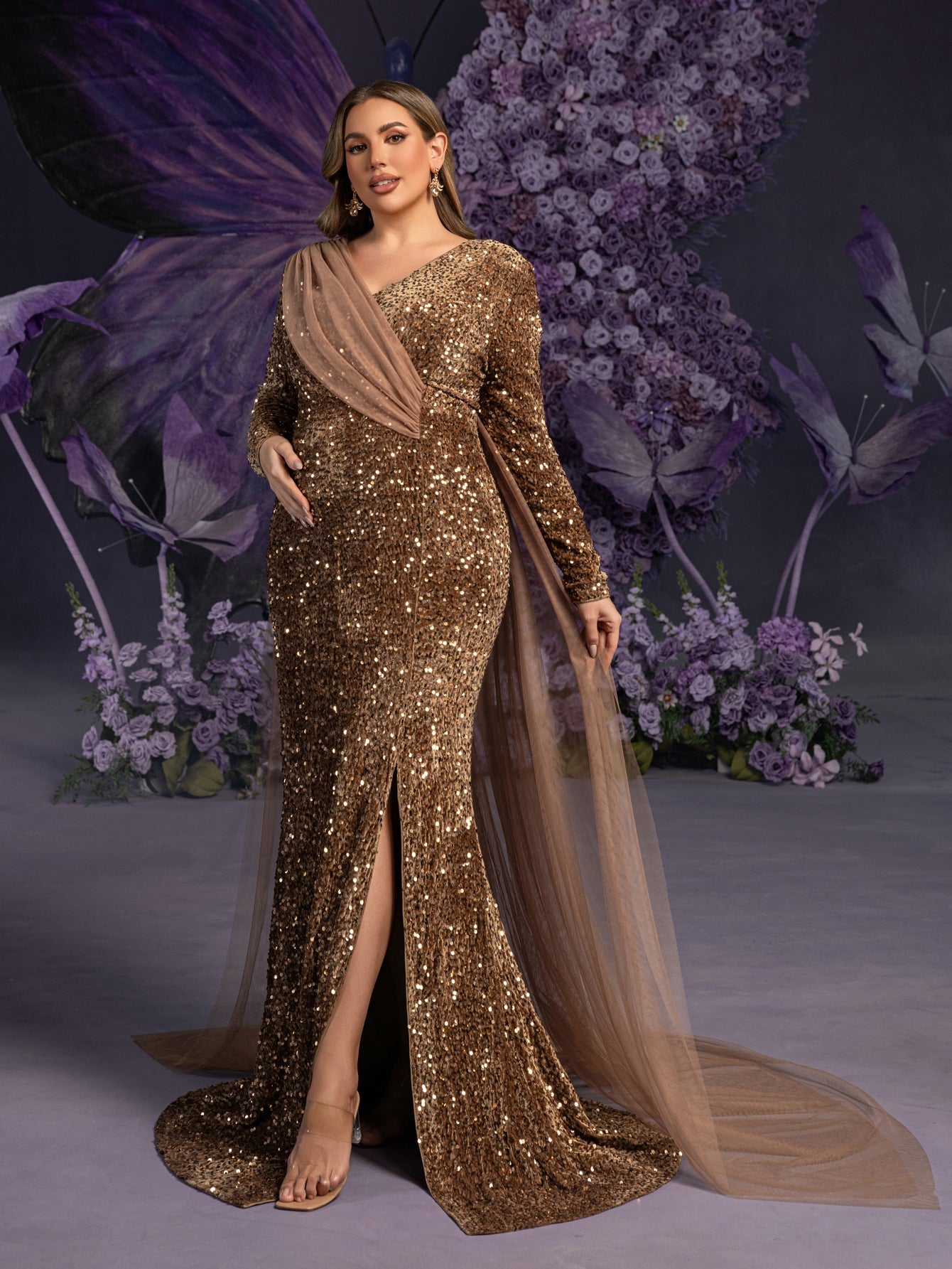 Plus Maternity  Surplice Neck Long Sleeves Mermaid Hem Sequin Evening Dress