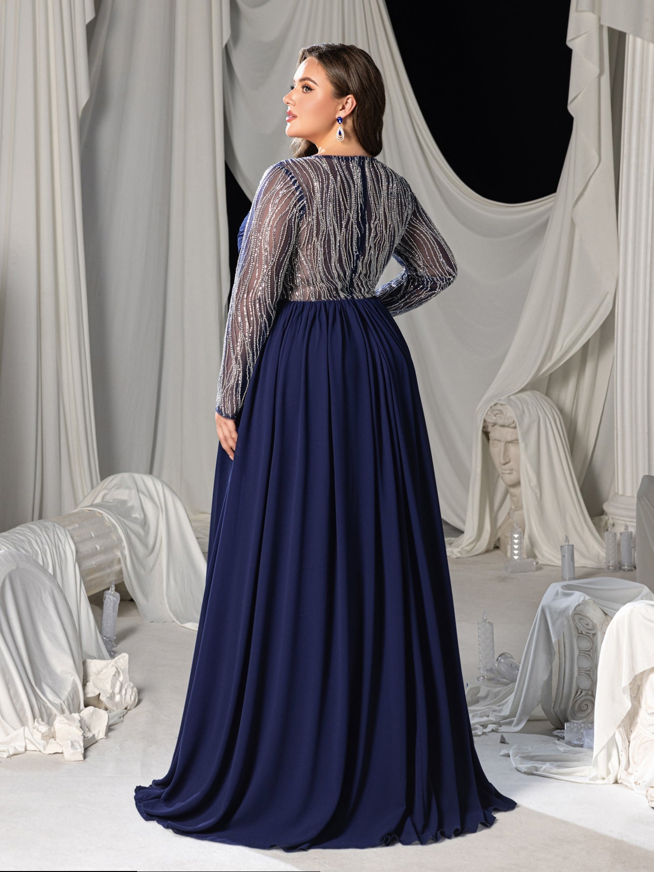 Plus Chiffon V-Neck Evening Gown with Silver Sequined Translucent Sleeves & Floor-Length Skirt