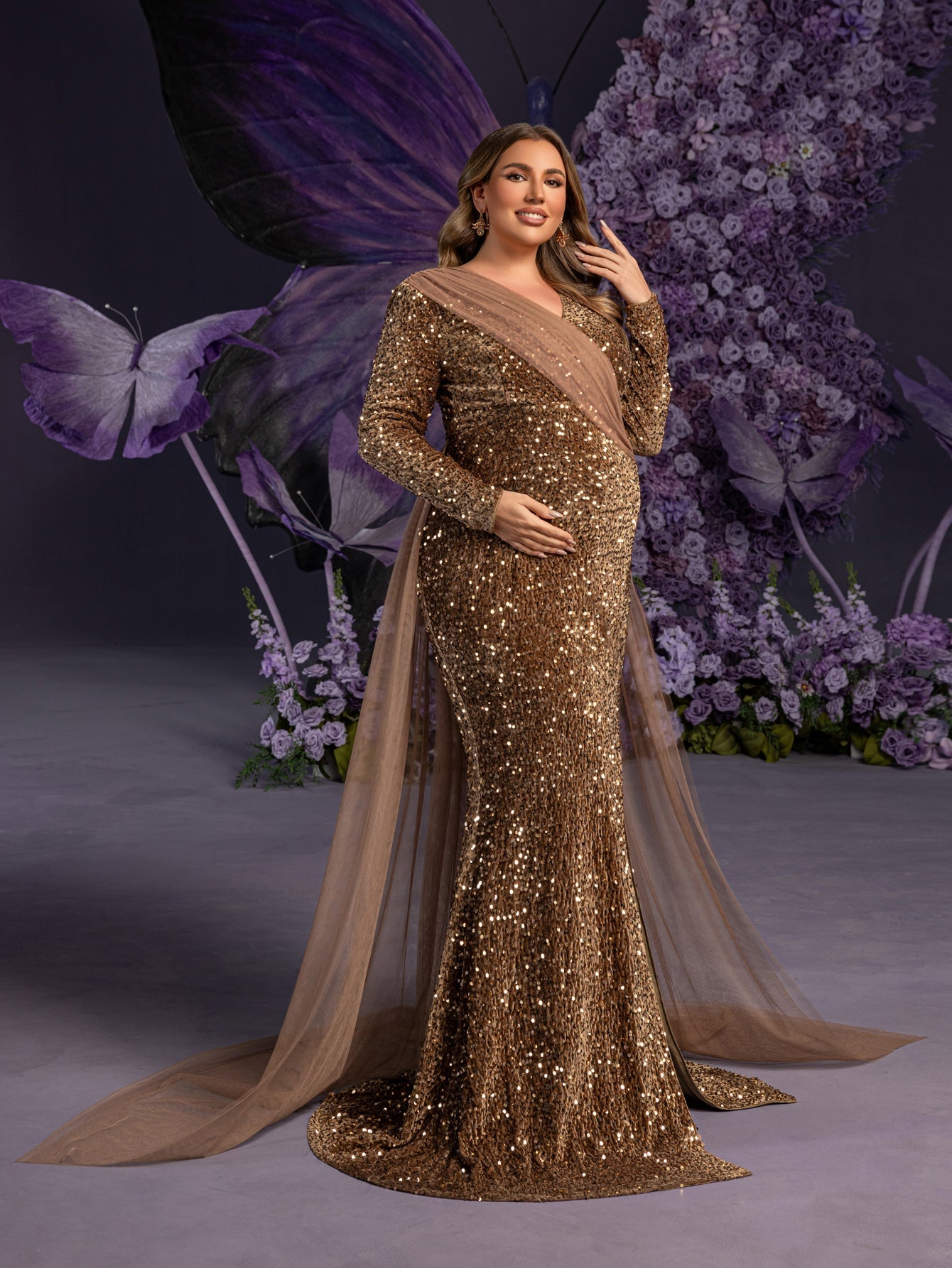 Plus Maternity  Surplice Neck Long Sleeves Mermaid Hem Sequin Evening Dress