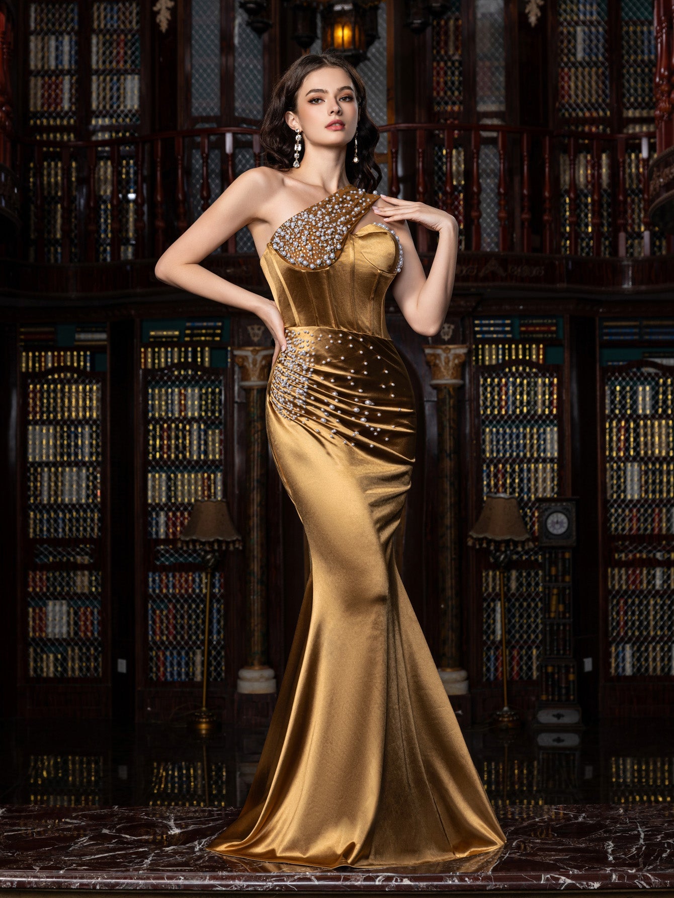 Elegant One Shoulder Mermaid Hem Satin Evening Dress with Pearl Accents