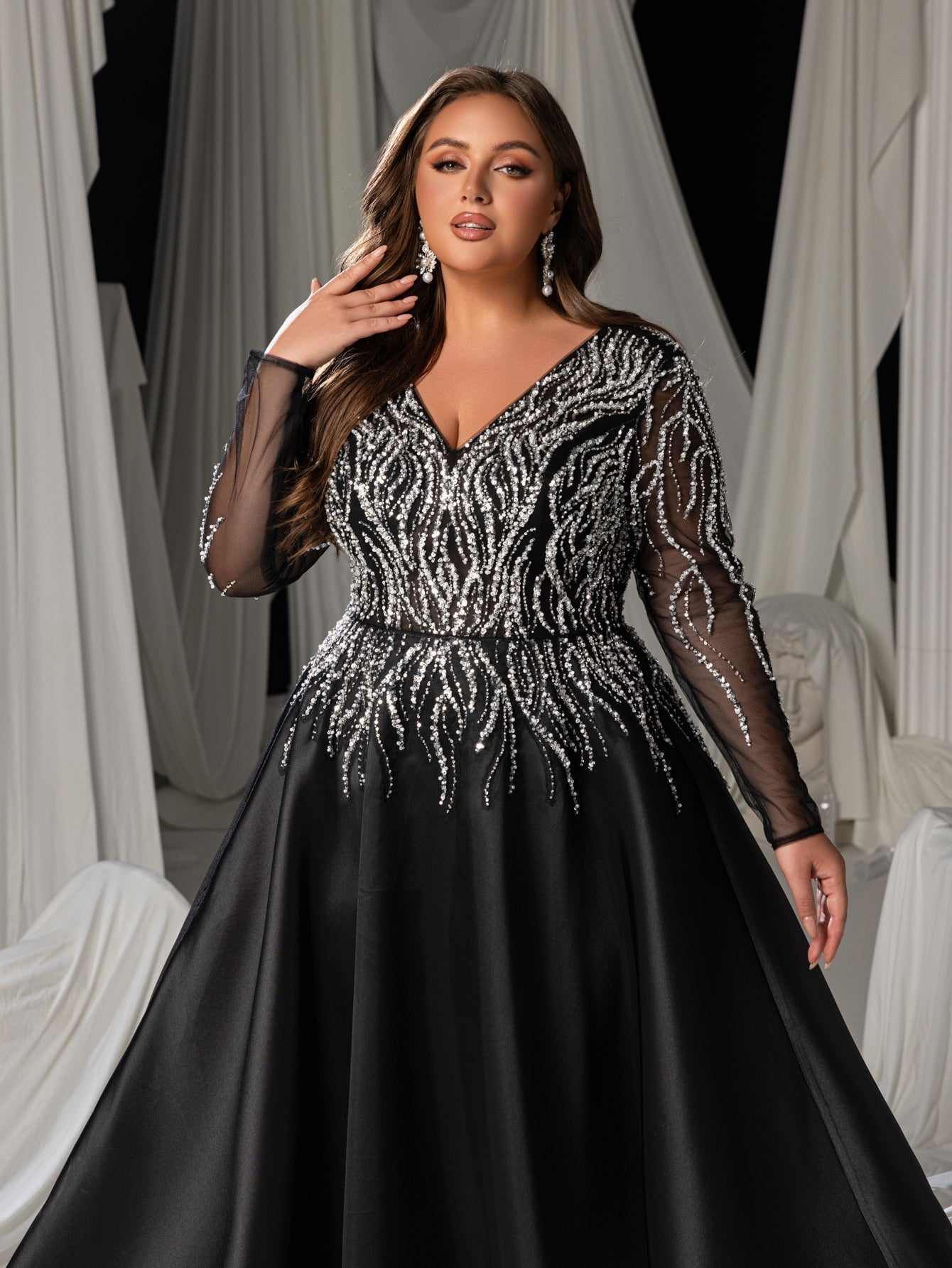Plus Size Deep V-Neck Sequin Illusion Evening Gown - Satin Formal Dress with Long Sleeves & A-Line Skirt