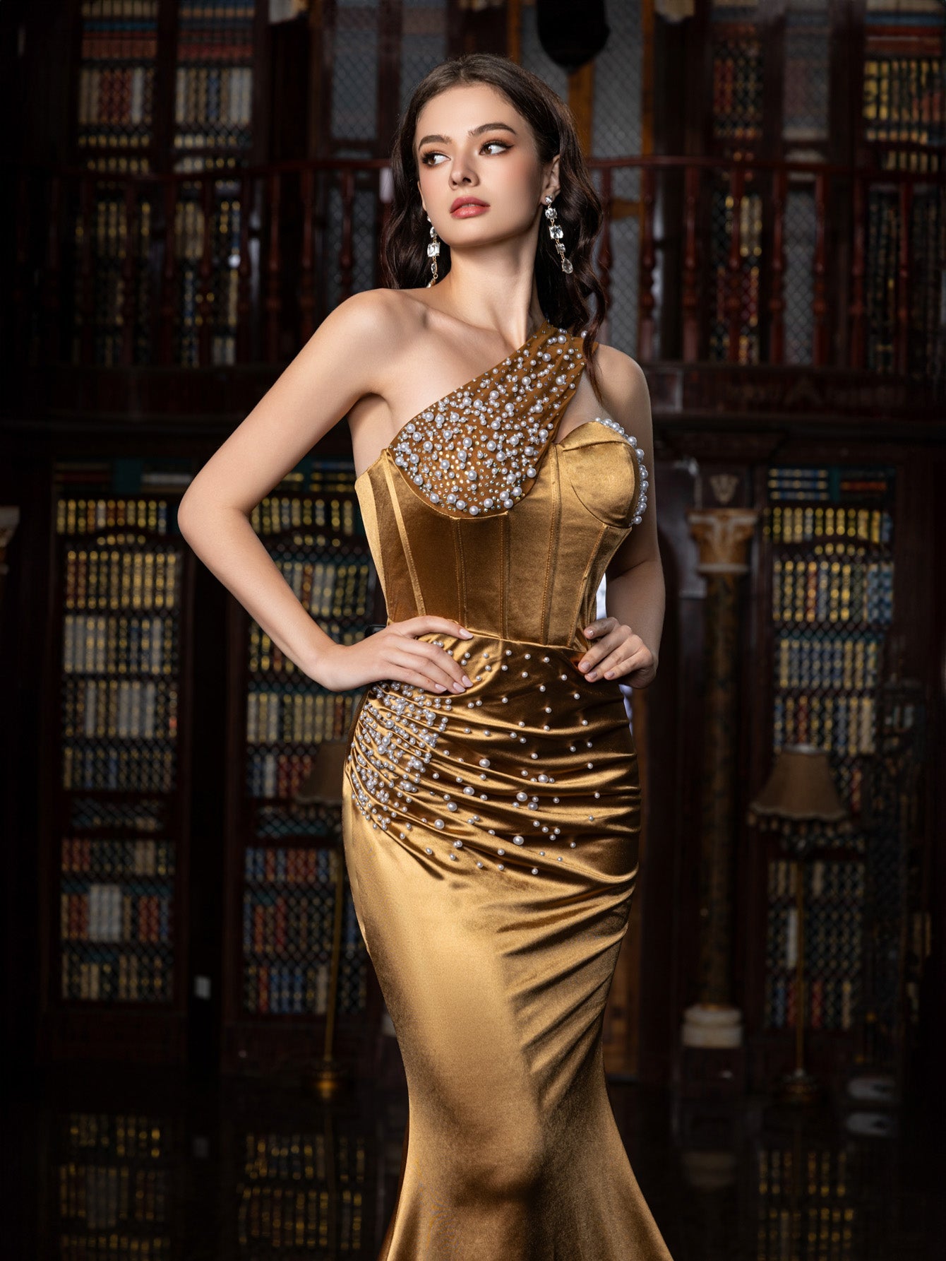 Elegant One Shoulder Mermaid Hem Satin Evening Dress with Pearl Accents