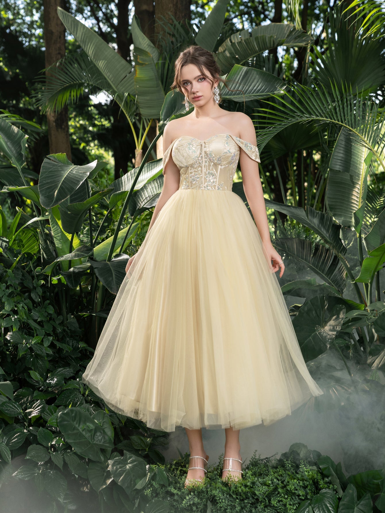 Midi Luxurious Off-Shoulder Gown with Intricate Sequin & Tiered Tulle Apricot / XL Midi Luxurious Off-Shoulder Gown with Intricate Sequin & Tiered Tulle Apricot / XL