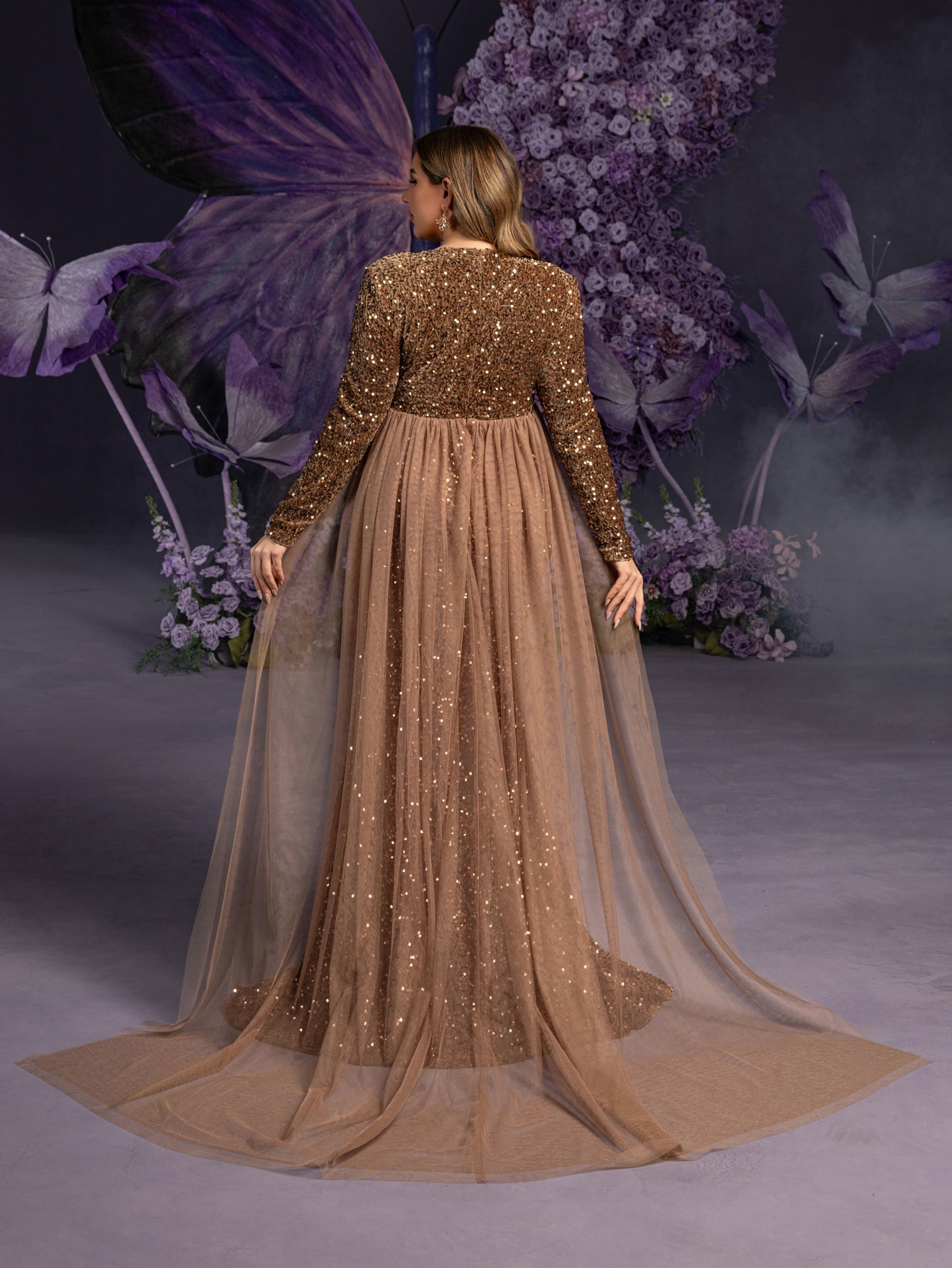 Plus Maternity  Surplice Neck Long Sleeves Mermaid Hem Sequin Evening Dress