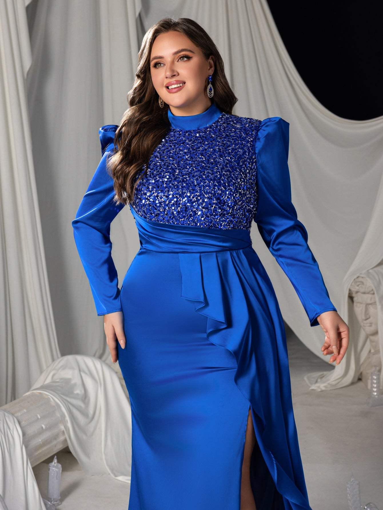 Plus Sequin & Beaded High-Neck Mermaid Gown with Puff Long Sleeves and High Slit