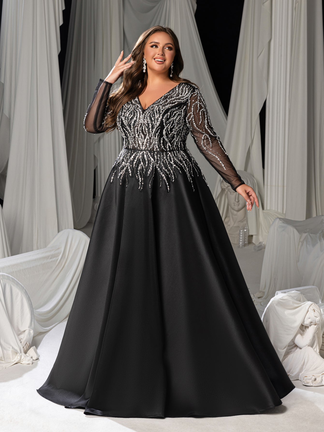 Plus Size Deep V-Neck Sequin Illusion Evening Gown - Satin Formal Dress with Long Sleeves & A-Line Skirt