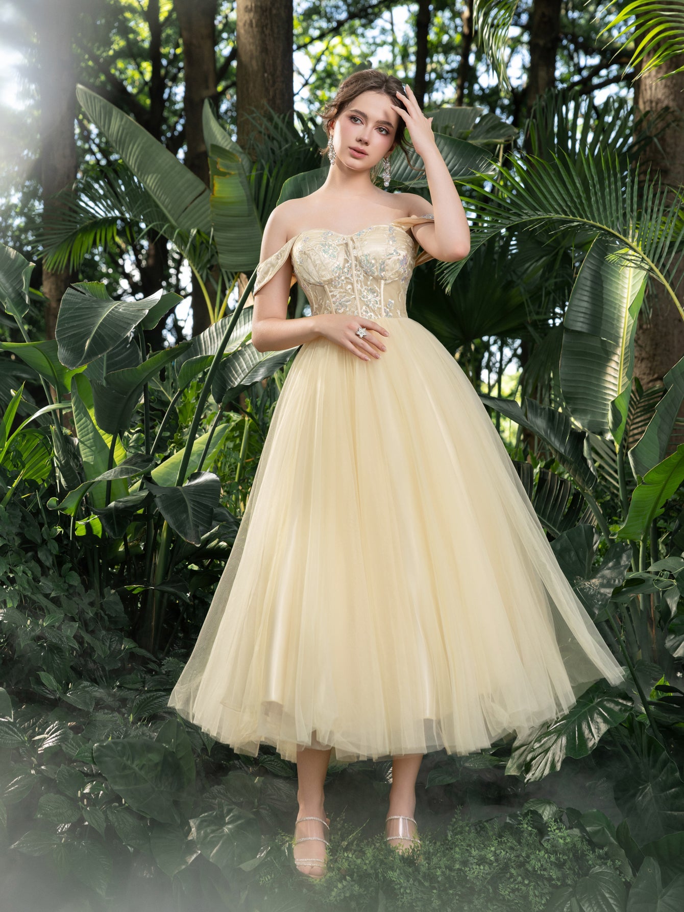 Midi Luxurious Off-Shoulder Gown with Intricate Sequin & Tiered Tulle Apricot / XL Midi Luxurious Off-Shoulder Gown with Intricate Sequin & Tiered Tulle Apricot / XL