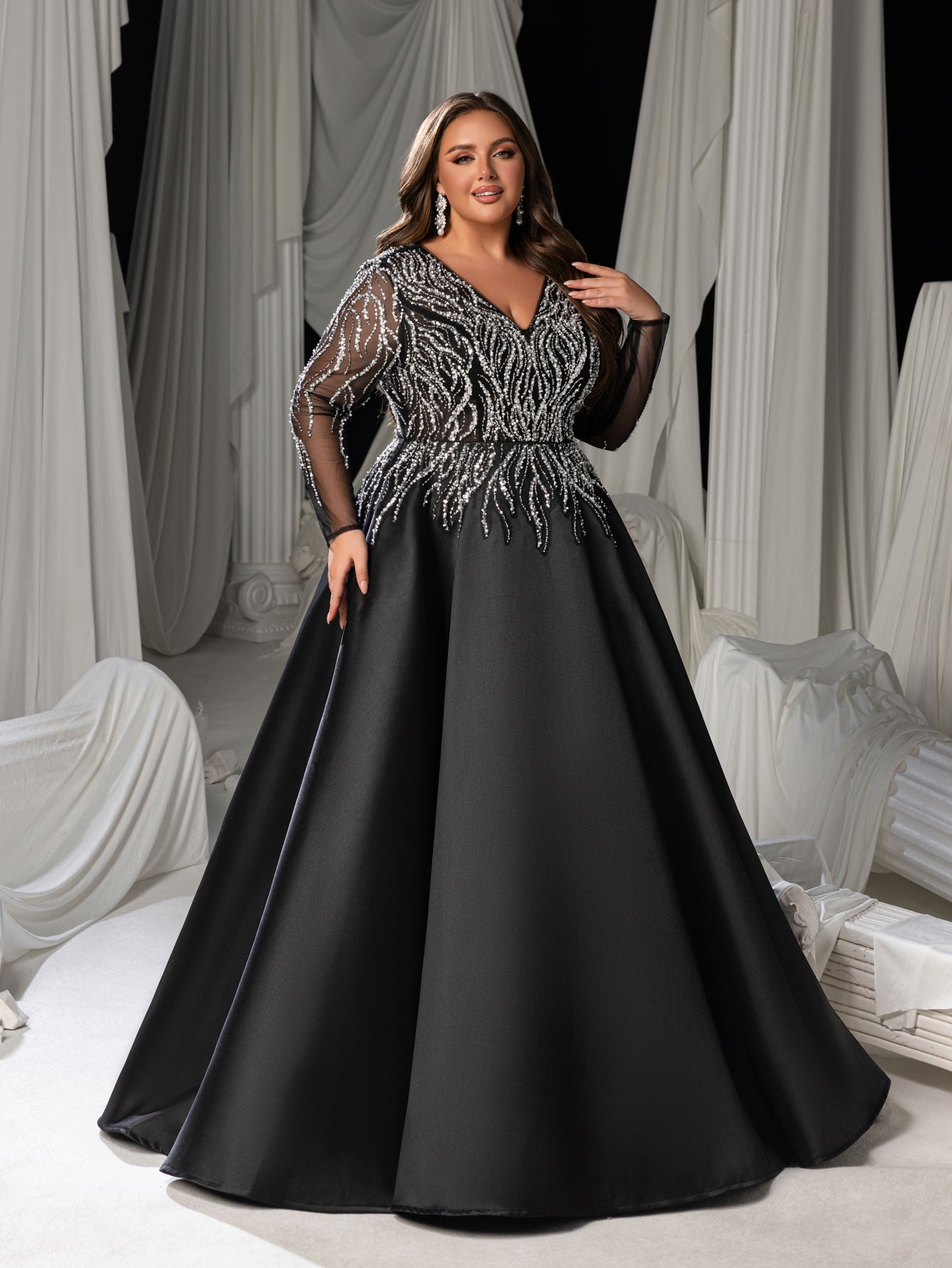 Plus Size Deep V-Neck Sequin Illusion Evening Gown - Satin Formal Dress with Long Sleeves & A-Line Skirt