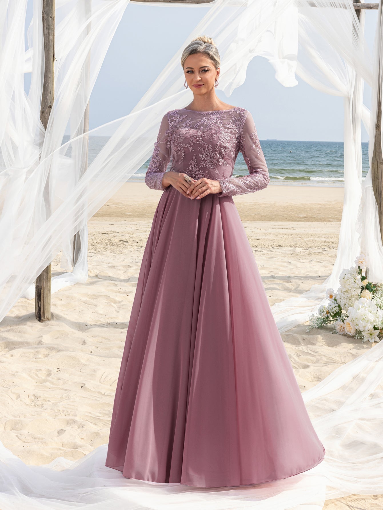 Womens' Gorgeous Mother-of-the-Bride Gown: Embroidered Lace Long Sleeves & Chiffon Skirt – Elegant Beach Wedding Formal Dress with Floral Detailing
