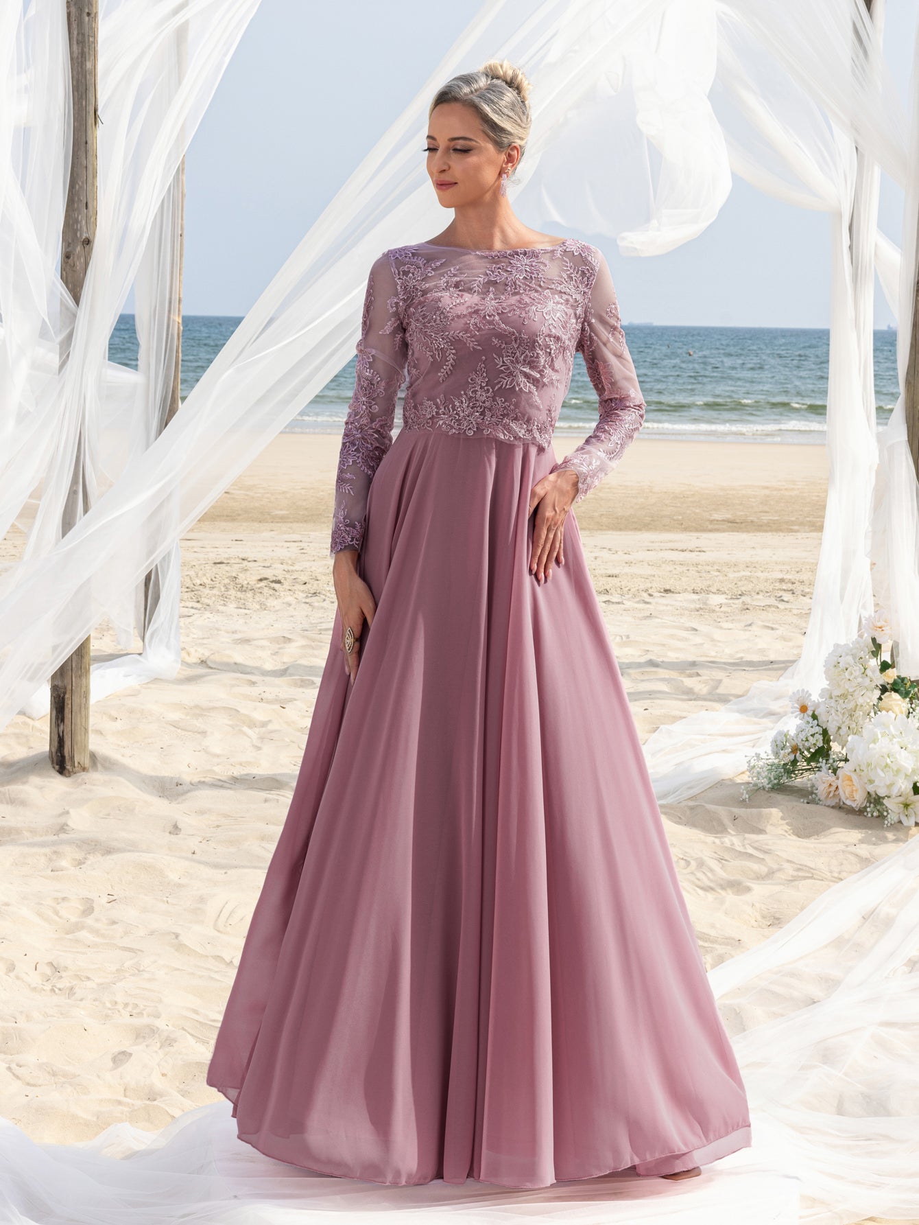 Womens' Gorgeous Mother-of-the-Bride Gown: Embroidered Lace Long Slee Mauve Purple / L Womens' Gorgeous Mother-of-the-Bride Gown: Embroidered Lace Long Slee Mauve Purple / L