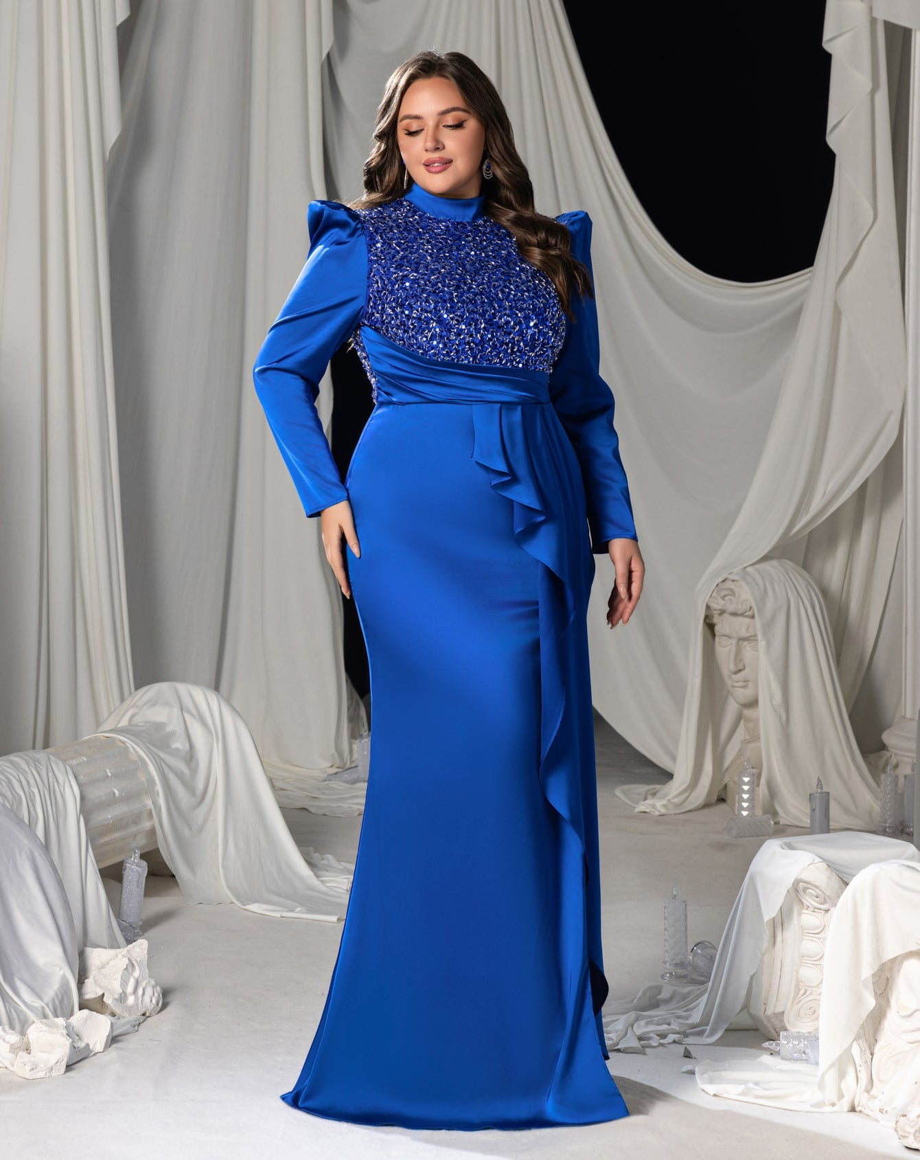 Plus Sequin & Beaded High-Neck Mermaid Gown with Puff Long Sleeves and High Slit