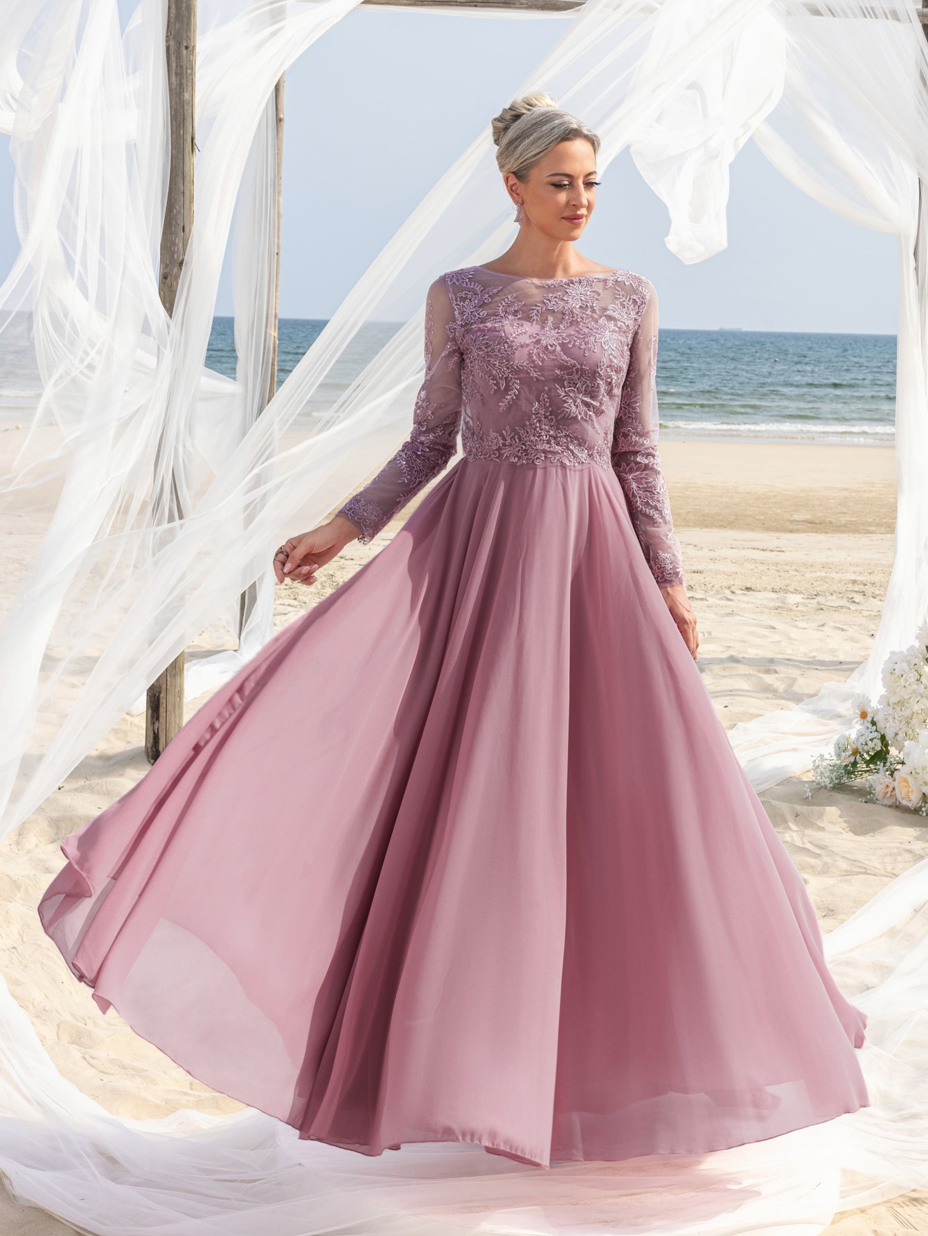 Womens' Gorgeous Mother-of-the-Bride Gown: Embroidered Lace Long Sleeves & Chiffon Skirt – Elegant Beach Wedding Formal Dress with Floral Detailing