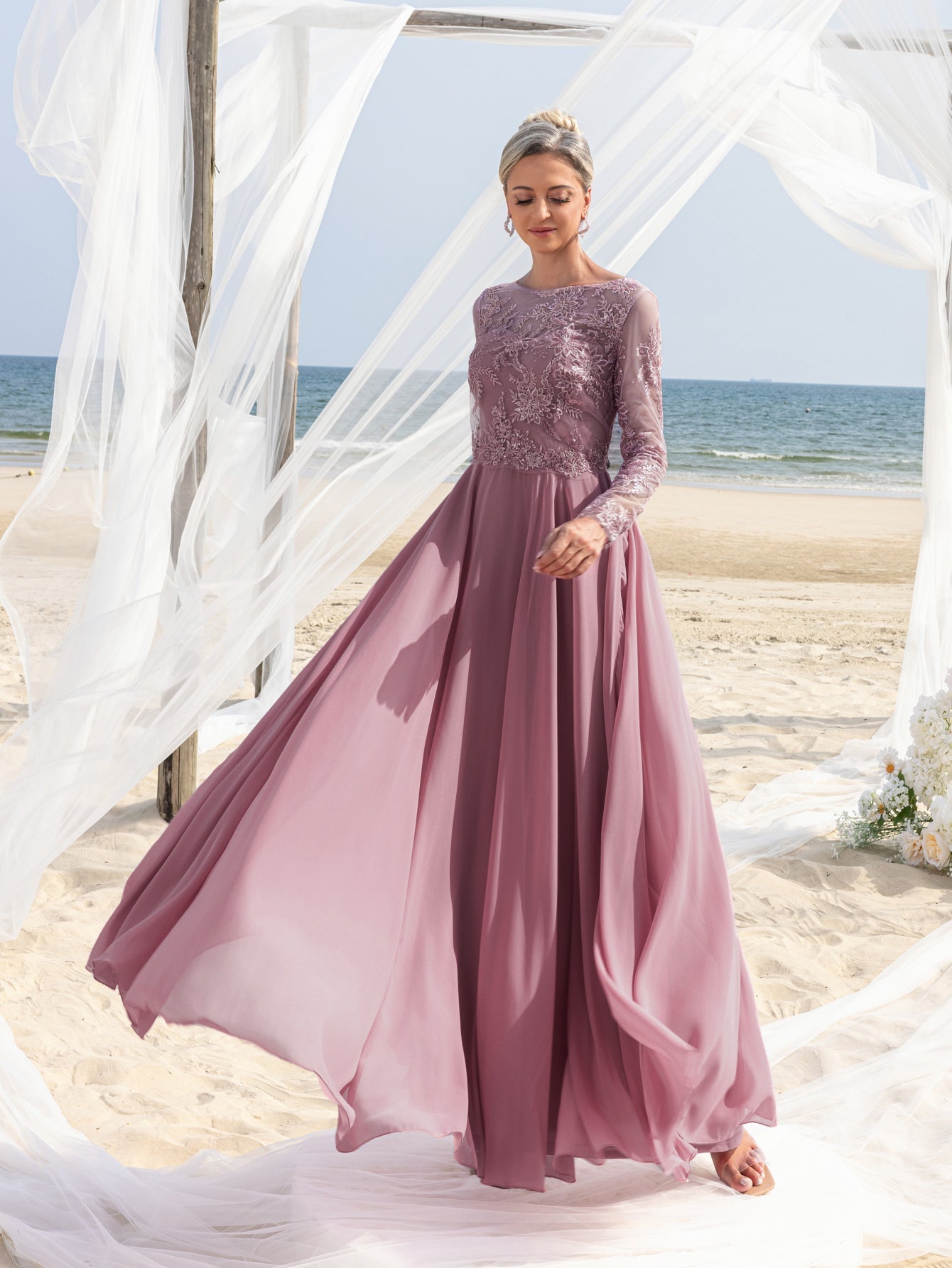 Womens' Gorgeous Mother-of-the-Bride Gown: Embroidered Lace Long Sleeves & Chiffon Skirt – Elegant Beach Wedding Formal Dress with Floral Detailing