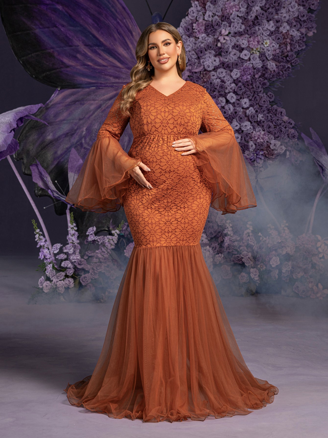 Plus Maternity  V Neck Flared Sleeves Mesh Contrast Lace Evening Dress