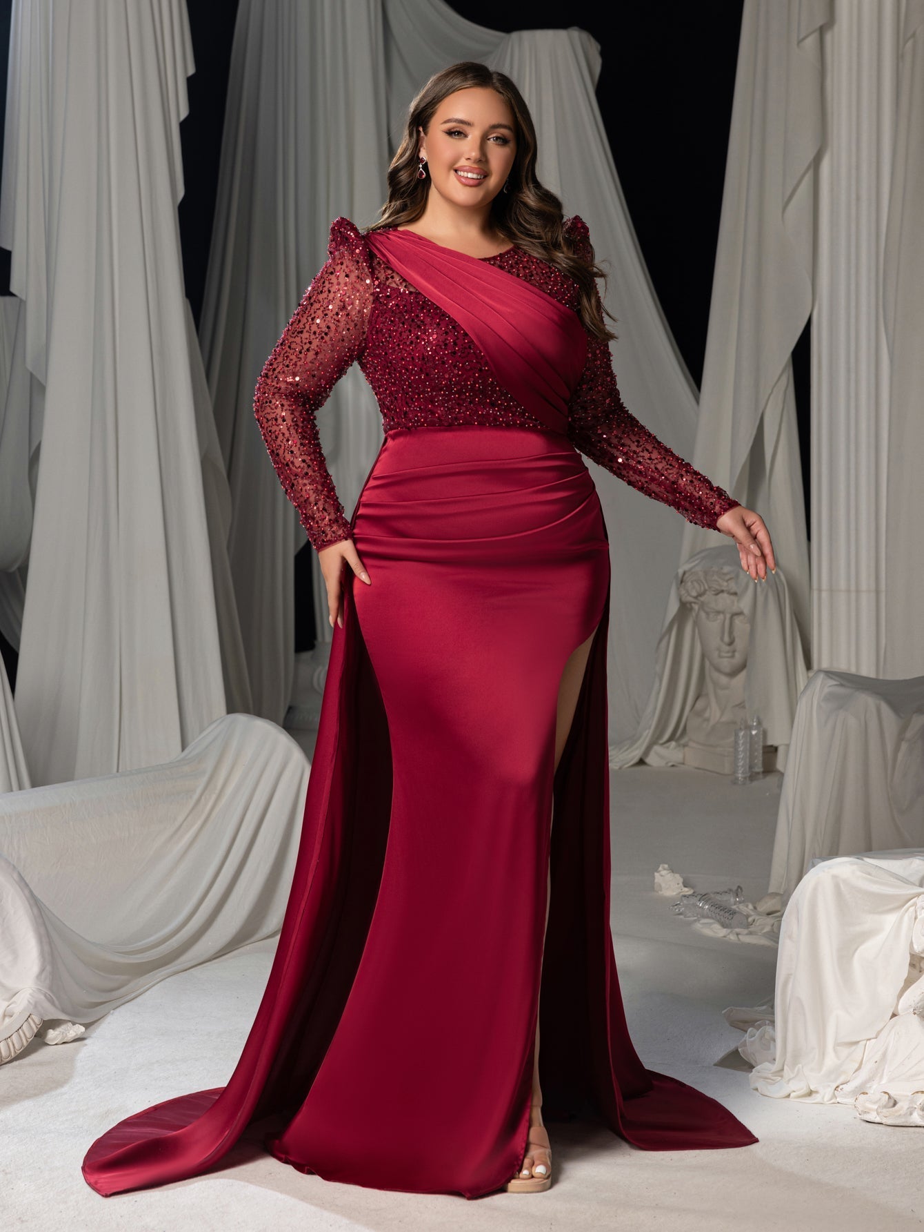 Plus Sequin Long Sleeve V-Neck Formal Dress, Satin Mermaid Train Evening Gown