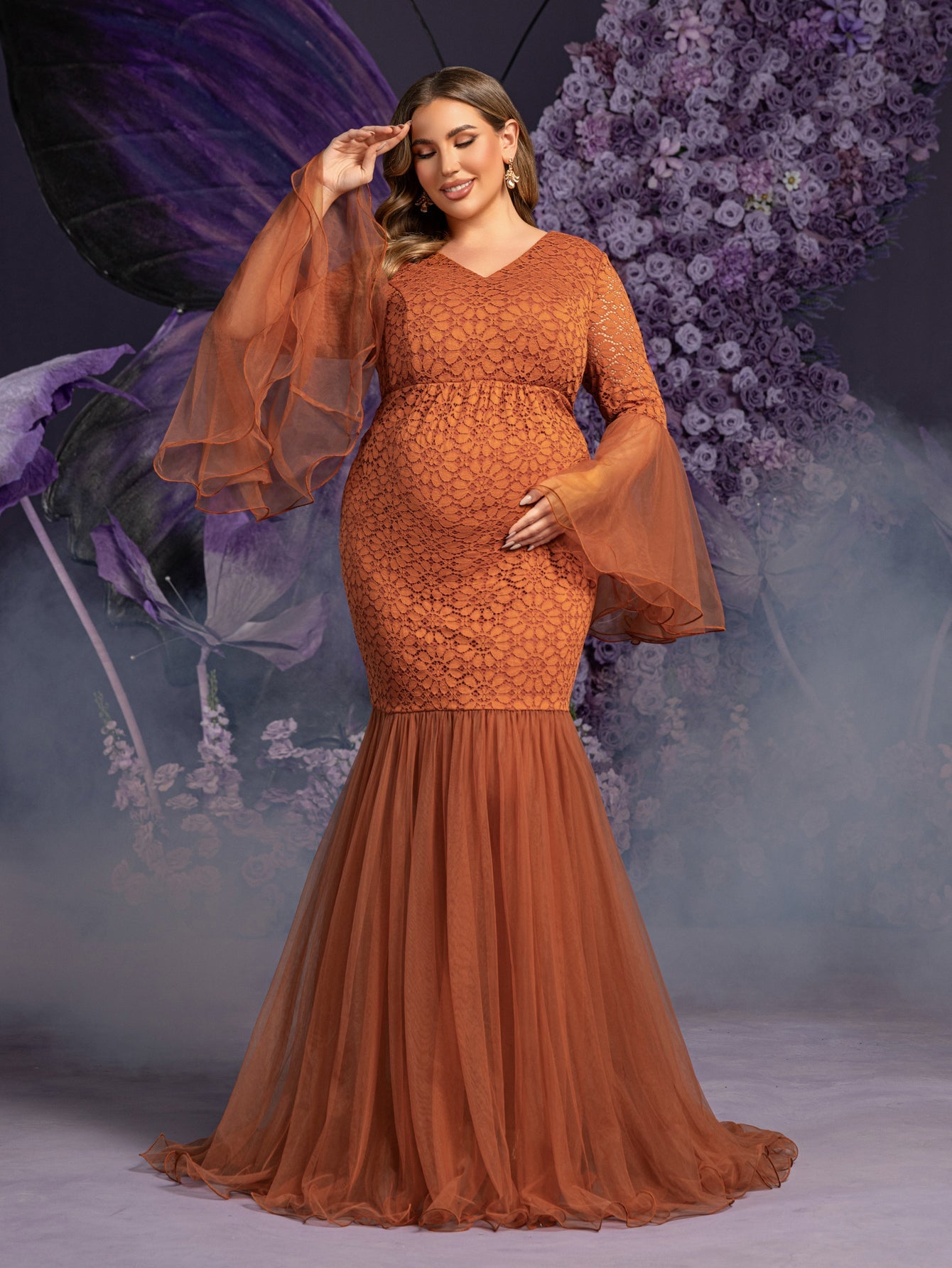 Plus Maternity  V Neck Flared Sleeves Mesh Contrast Lace Evening Dress