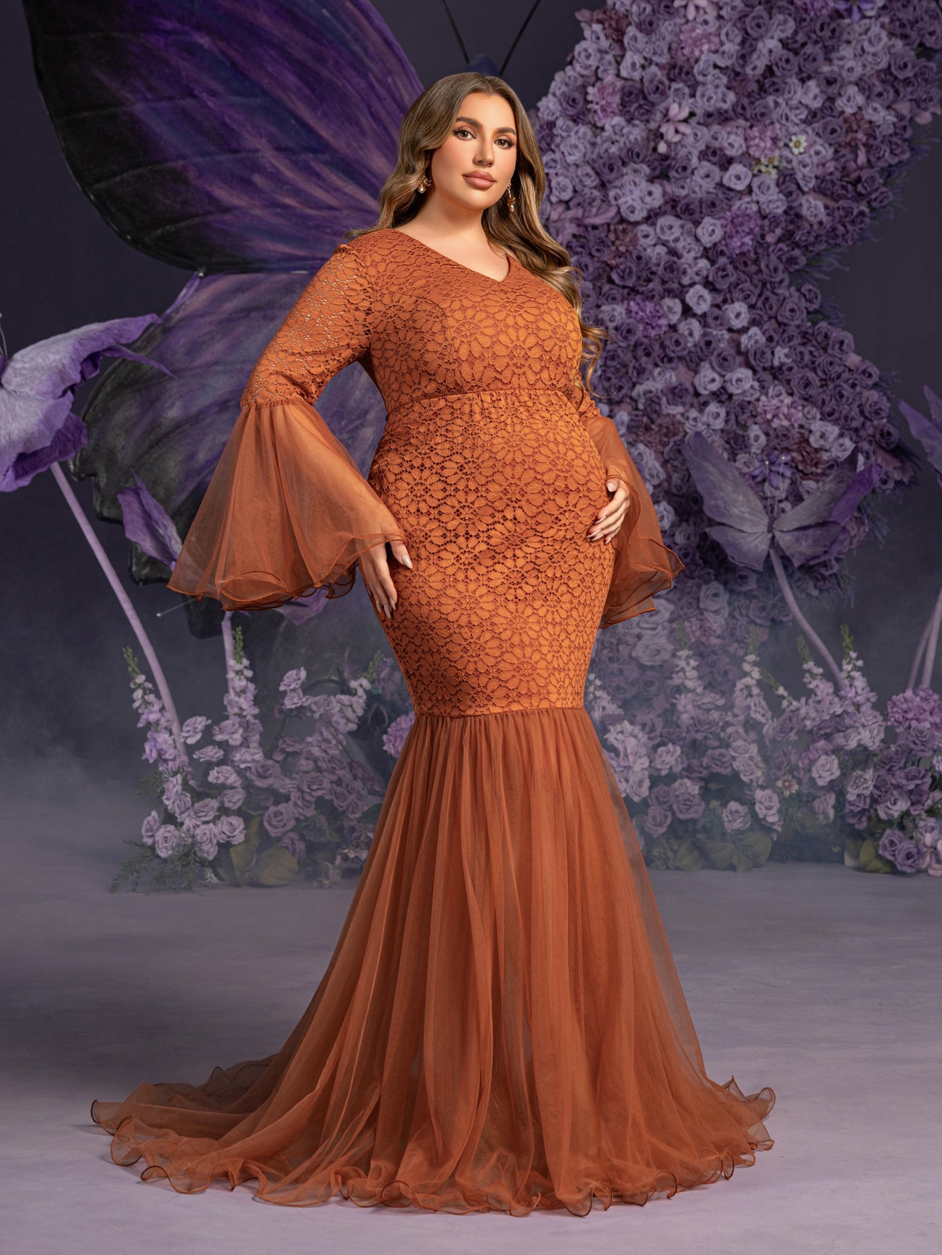 Plus Maternity  V Neck Flared Sleeves Mesh Contrast Lace Evening Dress